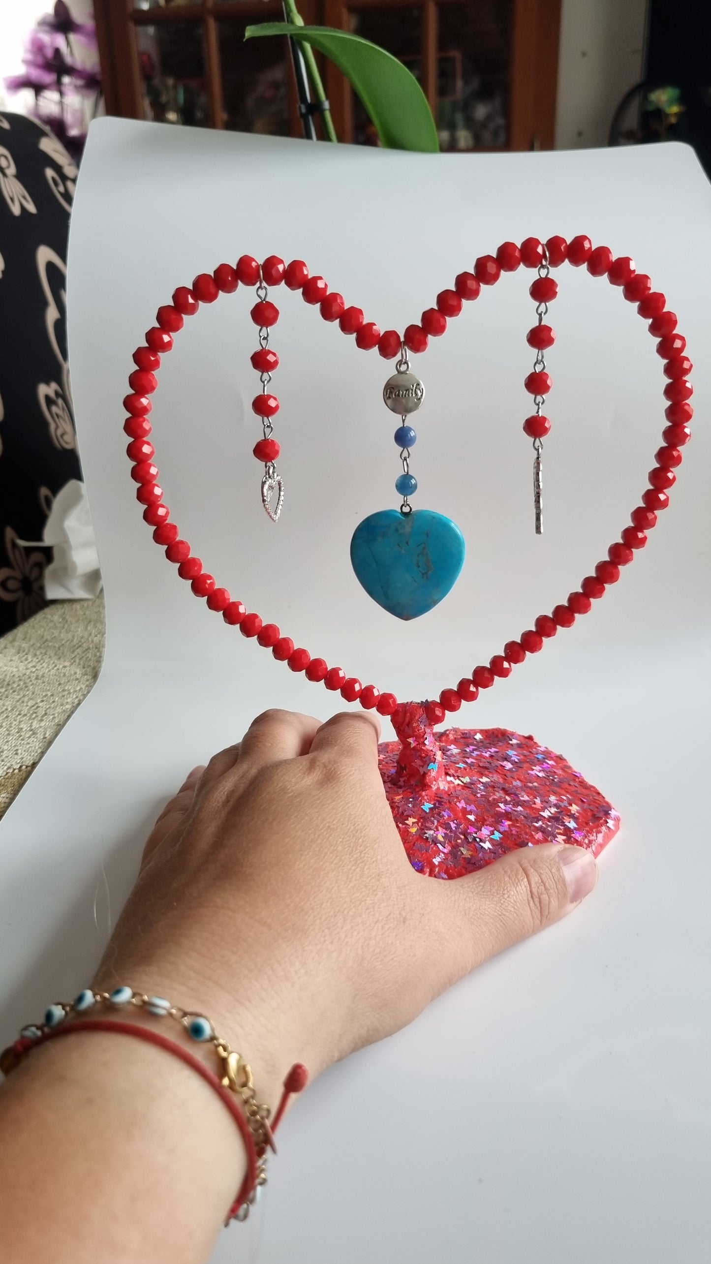 Handmade heart decor in home made with love with glass crystal red