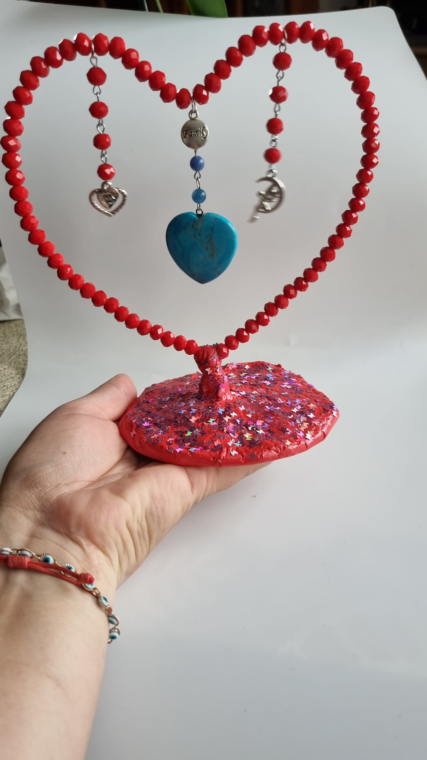 Handmade heart decor in home made with love with glass crystal red