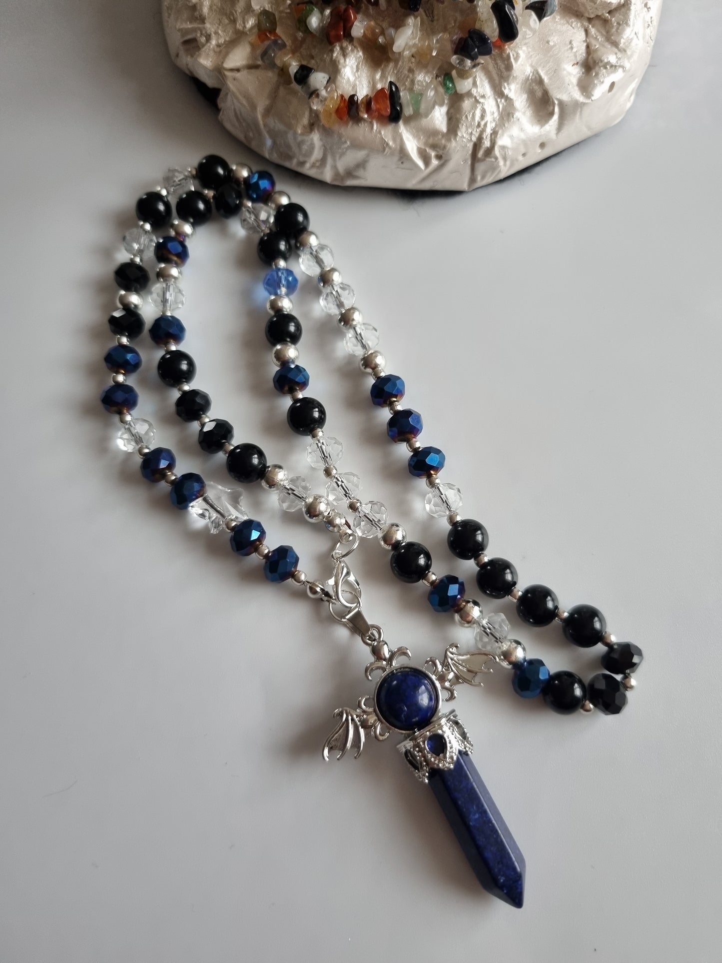 Car decor  accessories mirror pendant handmade with sw.crystal start, gemstone lapis lazurite blue ,glass crystal and black onyx