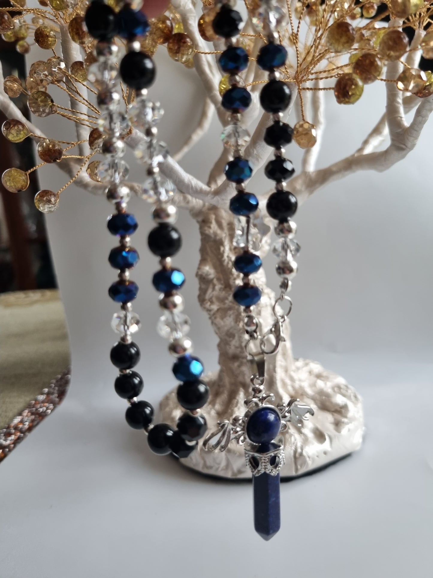 Car decor  accessories mirror pendant handmade with sw.crystal start, gemstone lapis lazurite blue ,glass crystal and black onyx