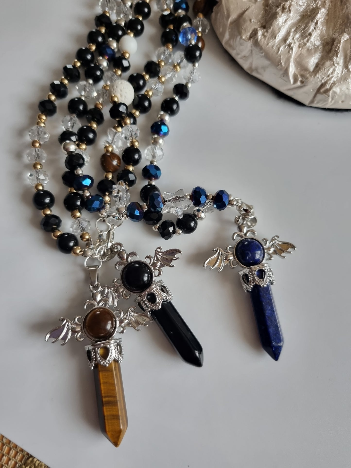 Car decor  accessories mirror pendant handmade with sw.crystal start, gemstone lapis lazurite blue ,glass crystal and black onyx