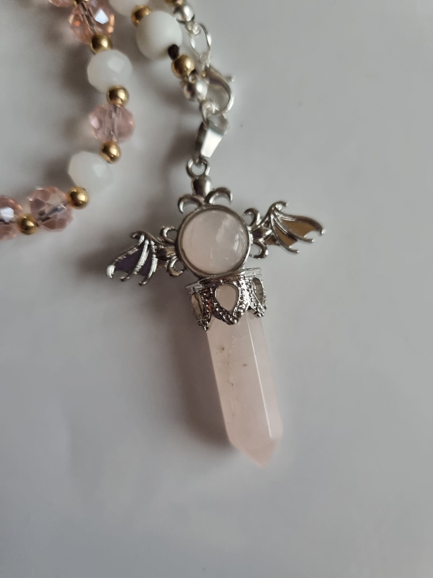 Car decor  accessories mirror pendant handmade with crystal   glass ,rose  quartz e crystal and white onyx,white lava stones