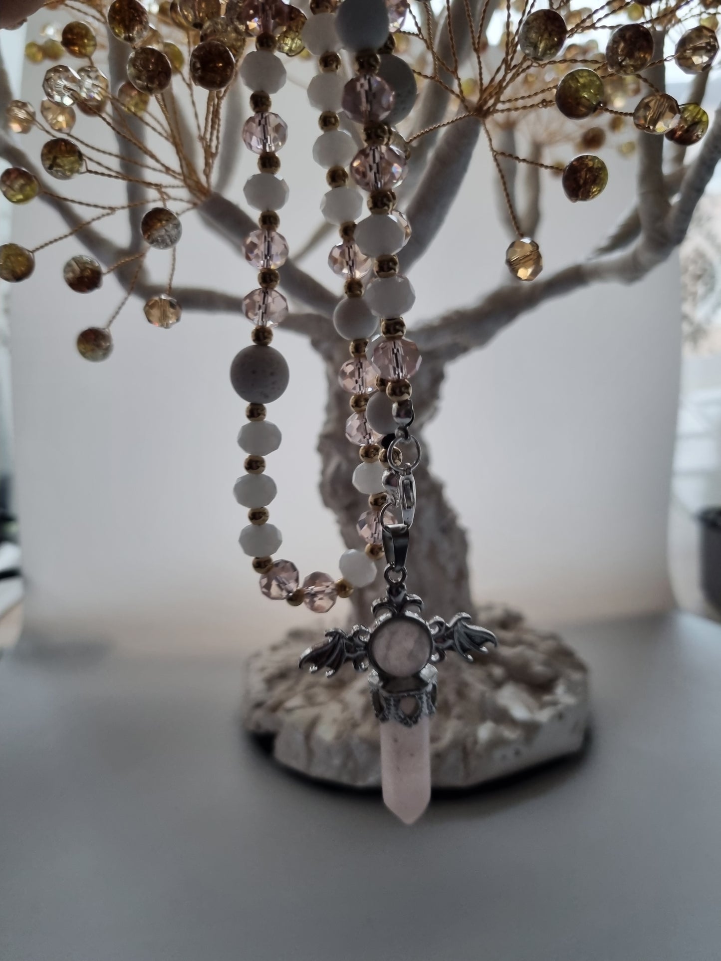 Car decor  accessories mirror pendant handmade with crystal   glass ,rose  quartz e crystal and white onyx,white lava stones