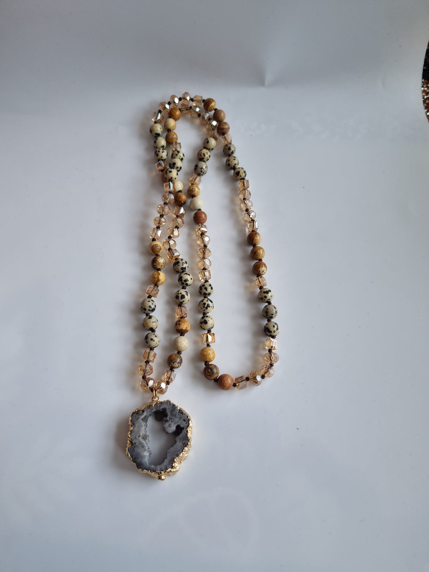 Handmade natural Stone necklace jasper stone with glass beads ,druzy crystal pendant