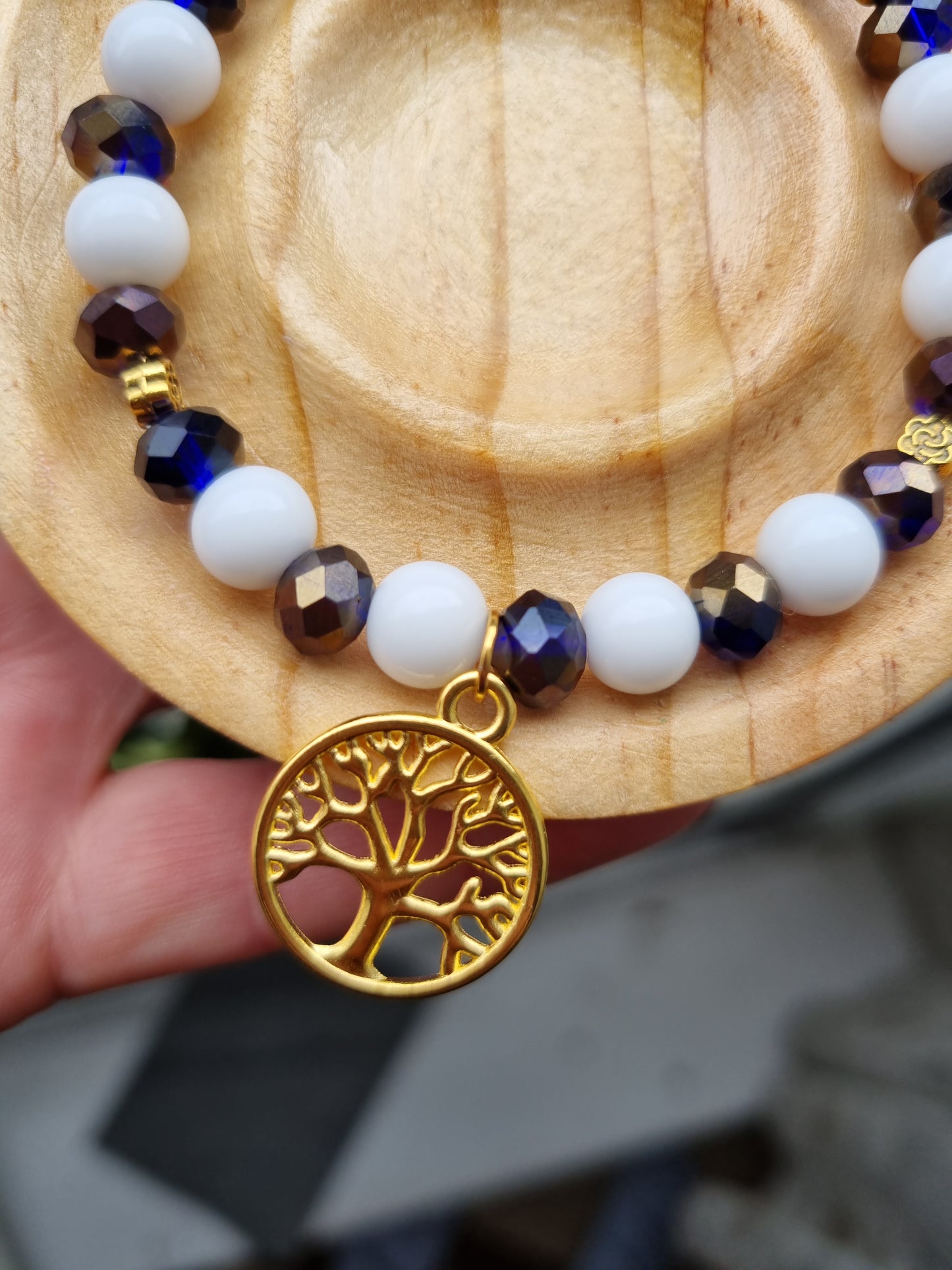 Handmade bracelets from gemstones agate beads and glass beads with life tree pendant