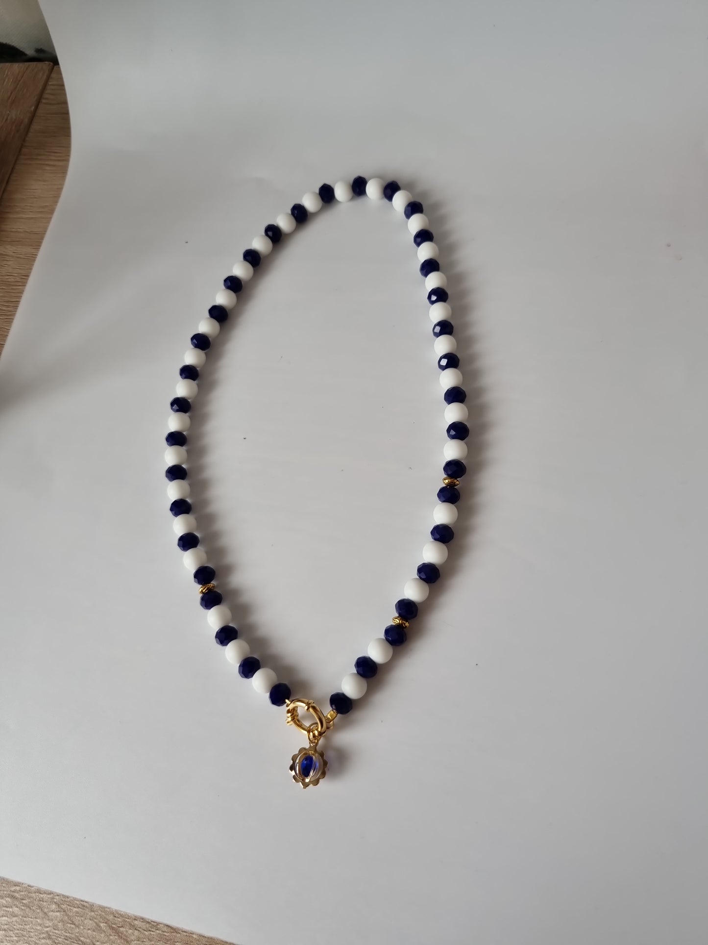 Set Handmade made with love necklace with pair bracelets agate white and blue glass beads faceted crystal