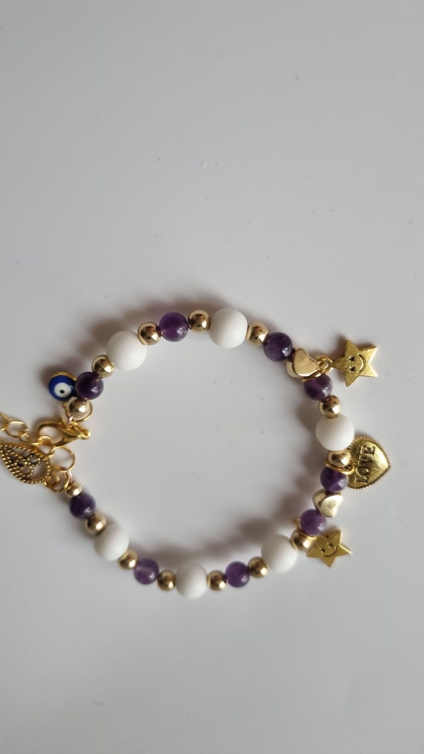 Handmade bracelets from agate stone white and ametist stone gold color beads pendant