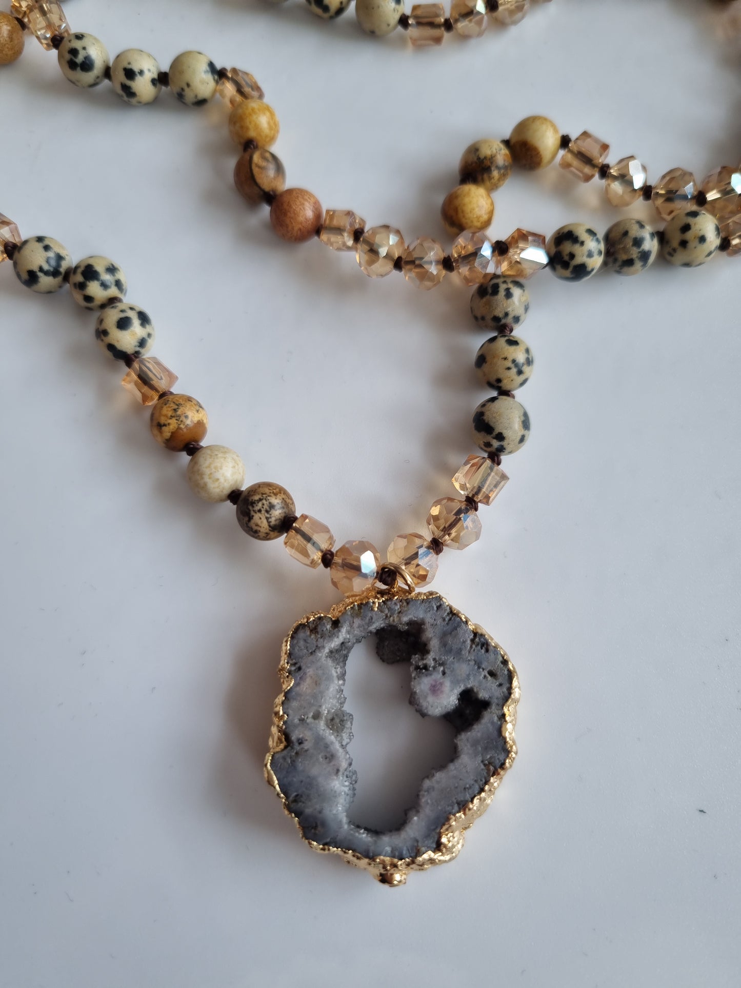 Handmade natural Stone necklace jasper stone with glass beads ,druzy crystal pendant