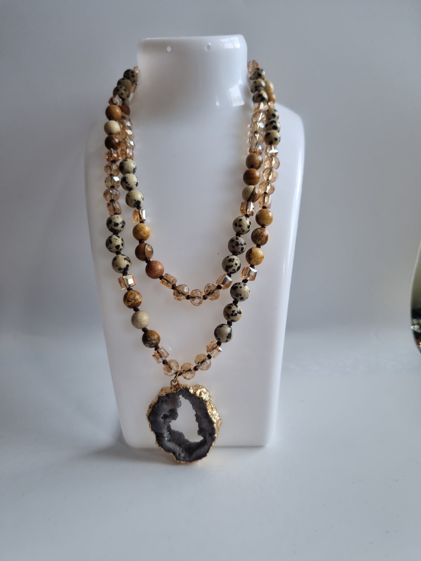 Handmade natural Stone necklace jasper stone with glass beads ,druzy crystal pendant