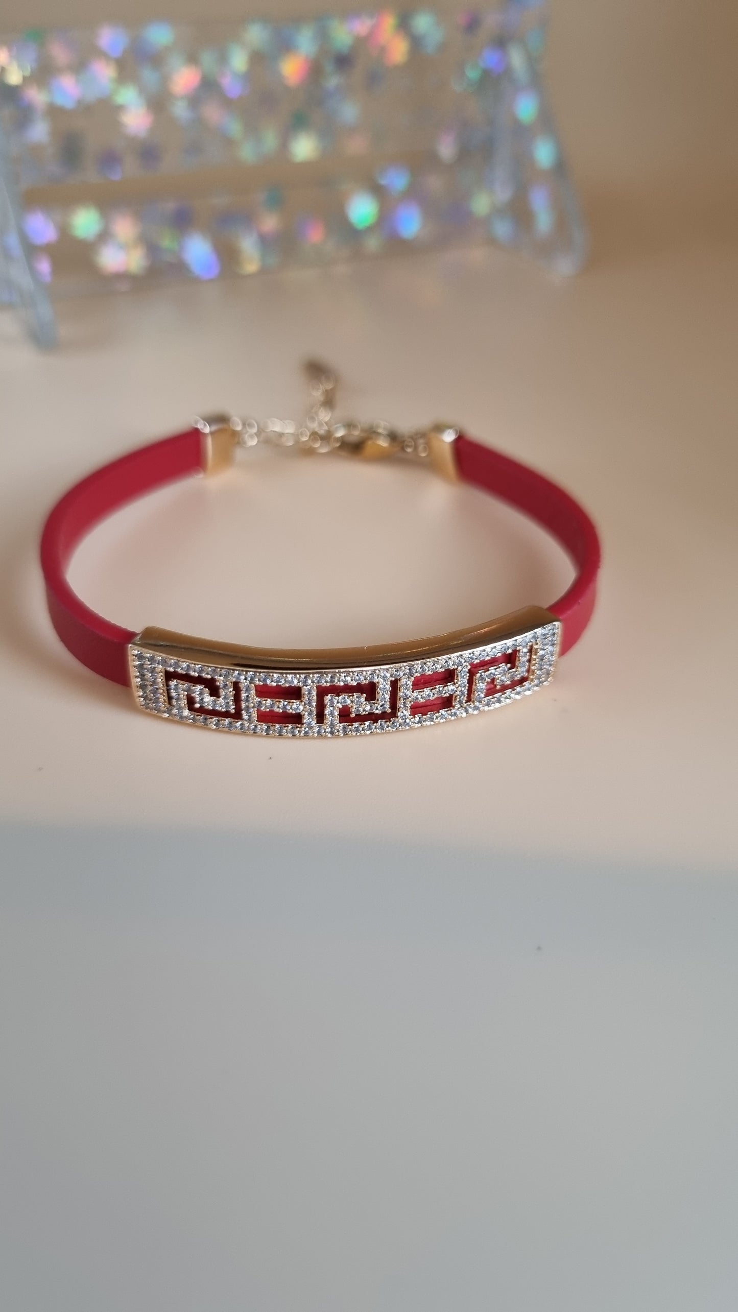 Red color leather bracelet with zircon crystals very beautiful hypoallergenic waterproof