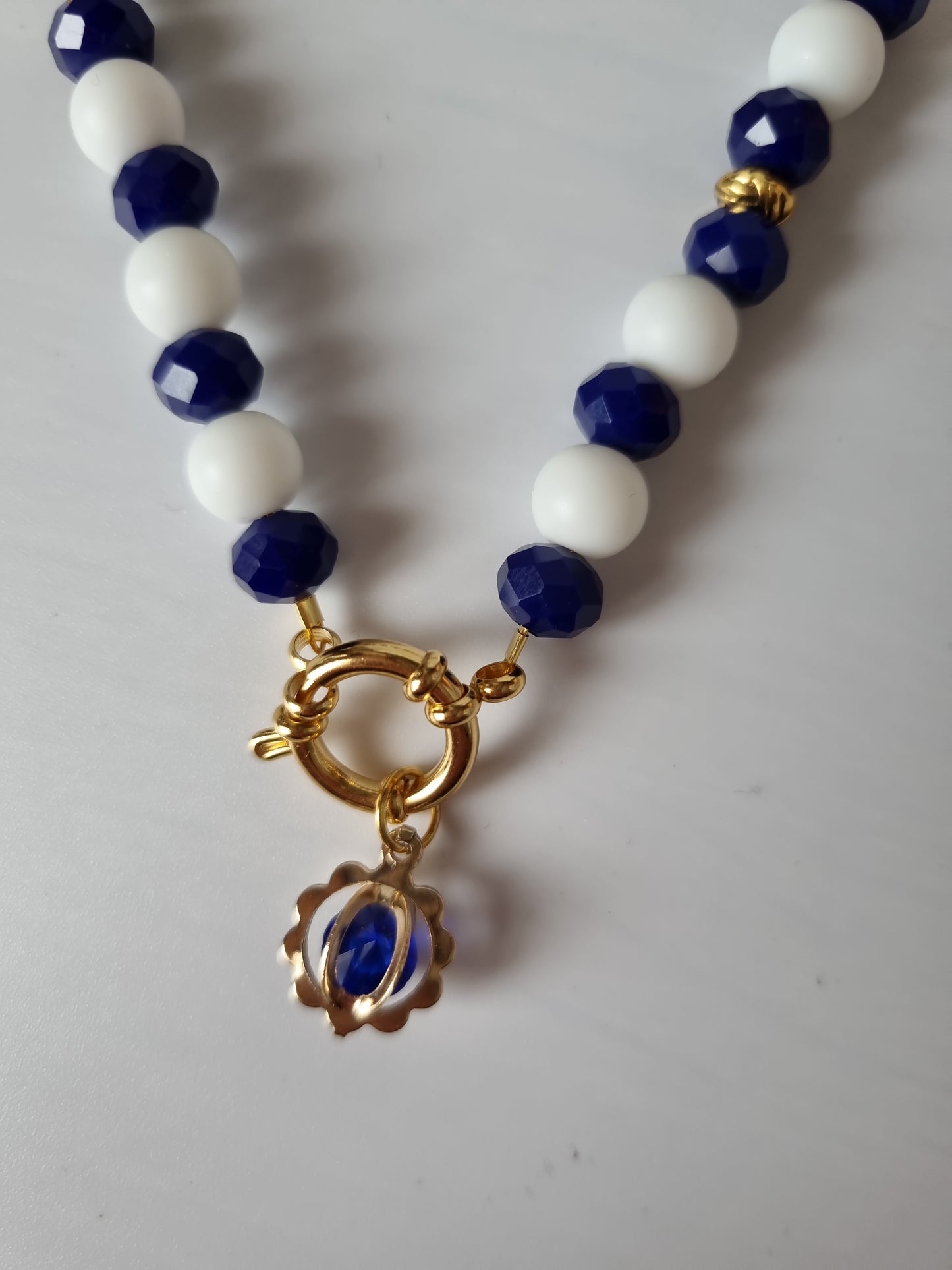 Set Handmade made with love necklace with pair bracelets agate white and blue glass beads faceted crystal