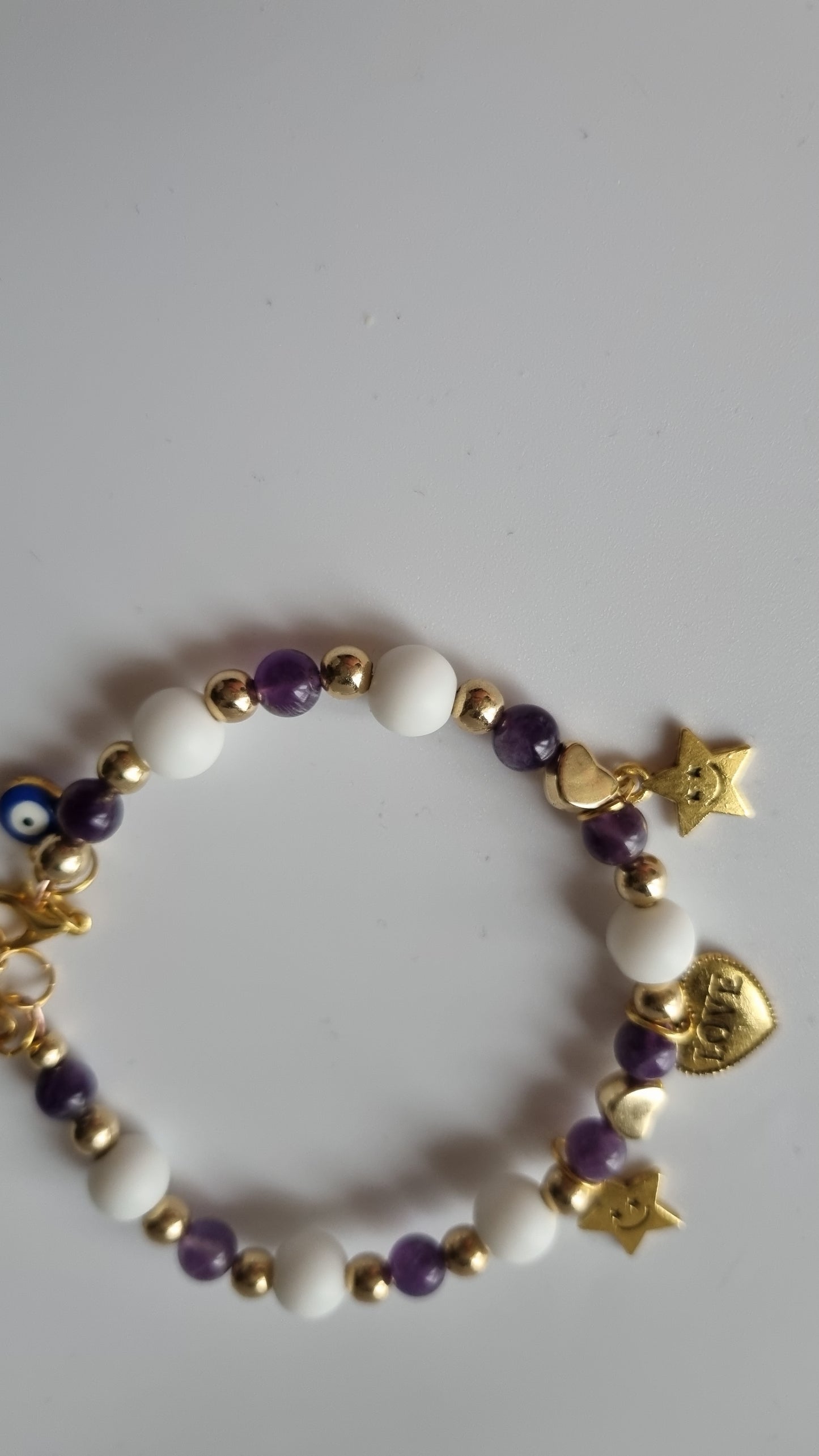 Handmade bracelets from agate stone white and ametist stone gold color beads pendant