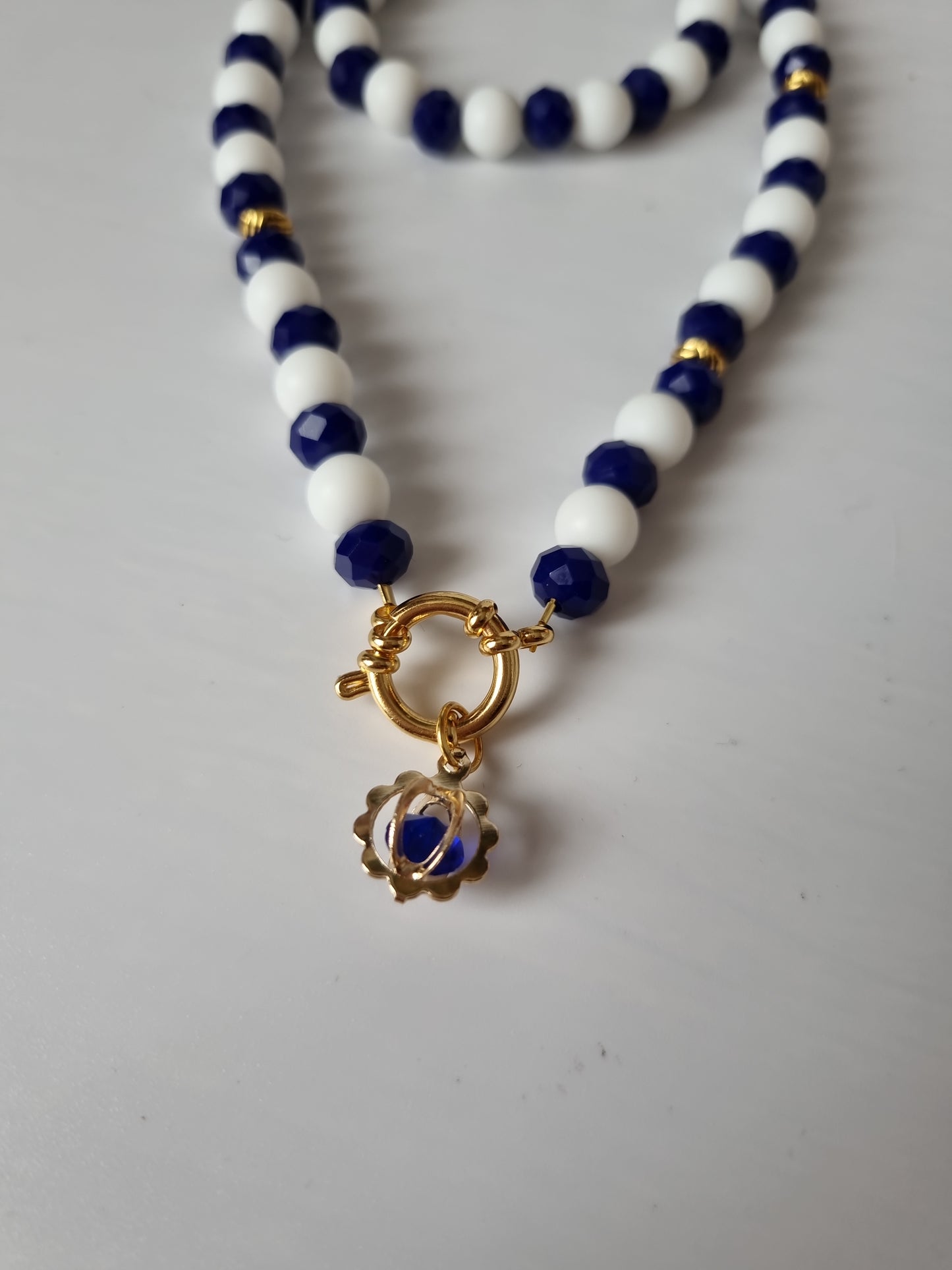 Set Handmade made with love necklace with pair bracelets agate white and blue glass beads faceted crystal