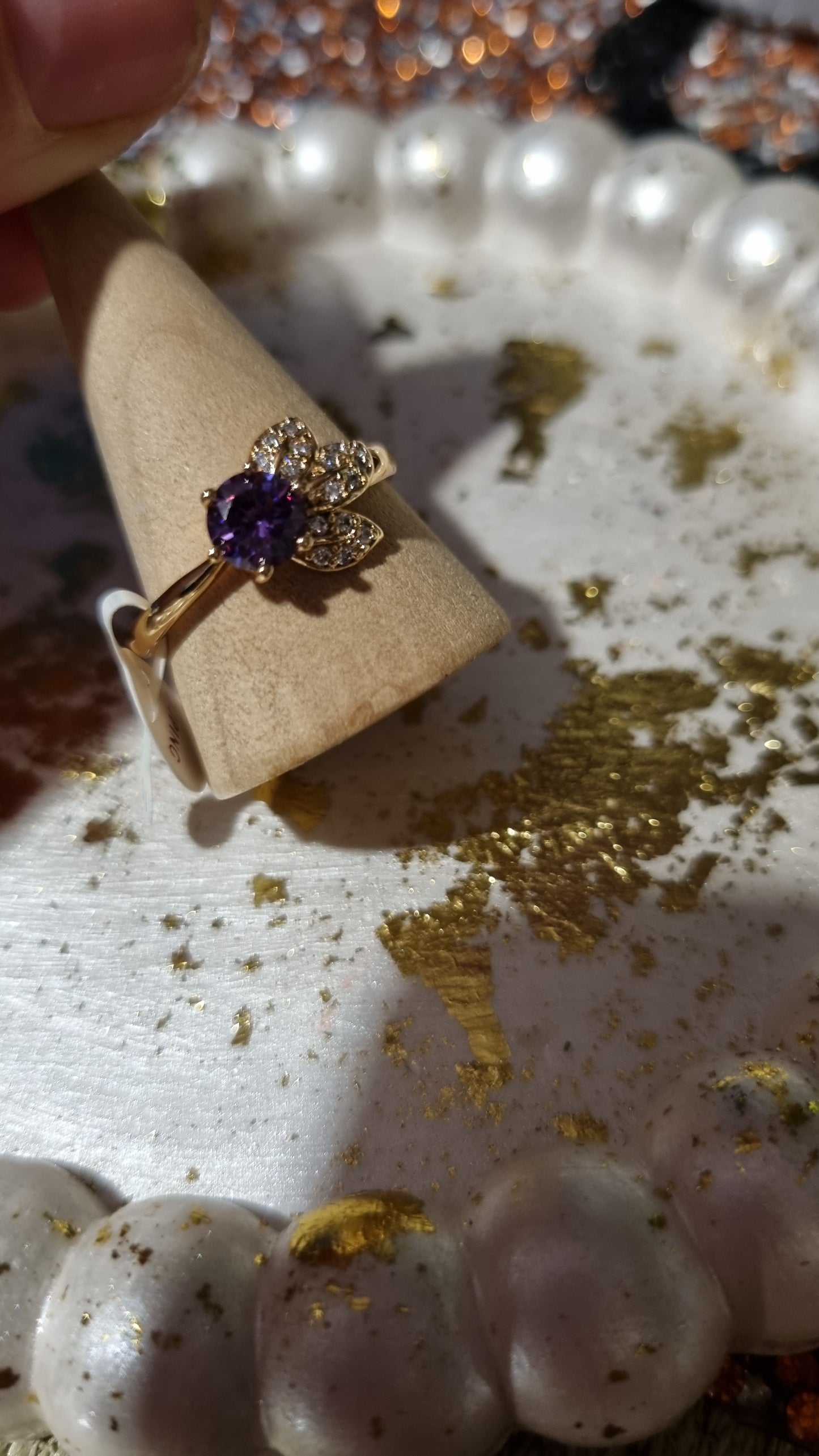 18kr.gold plated copper metal rings with zircon stone purple color