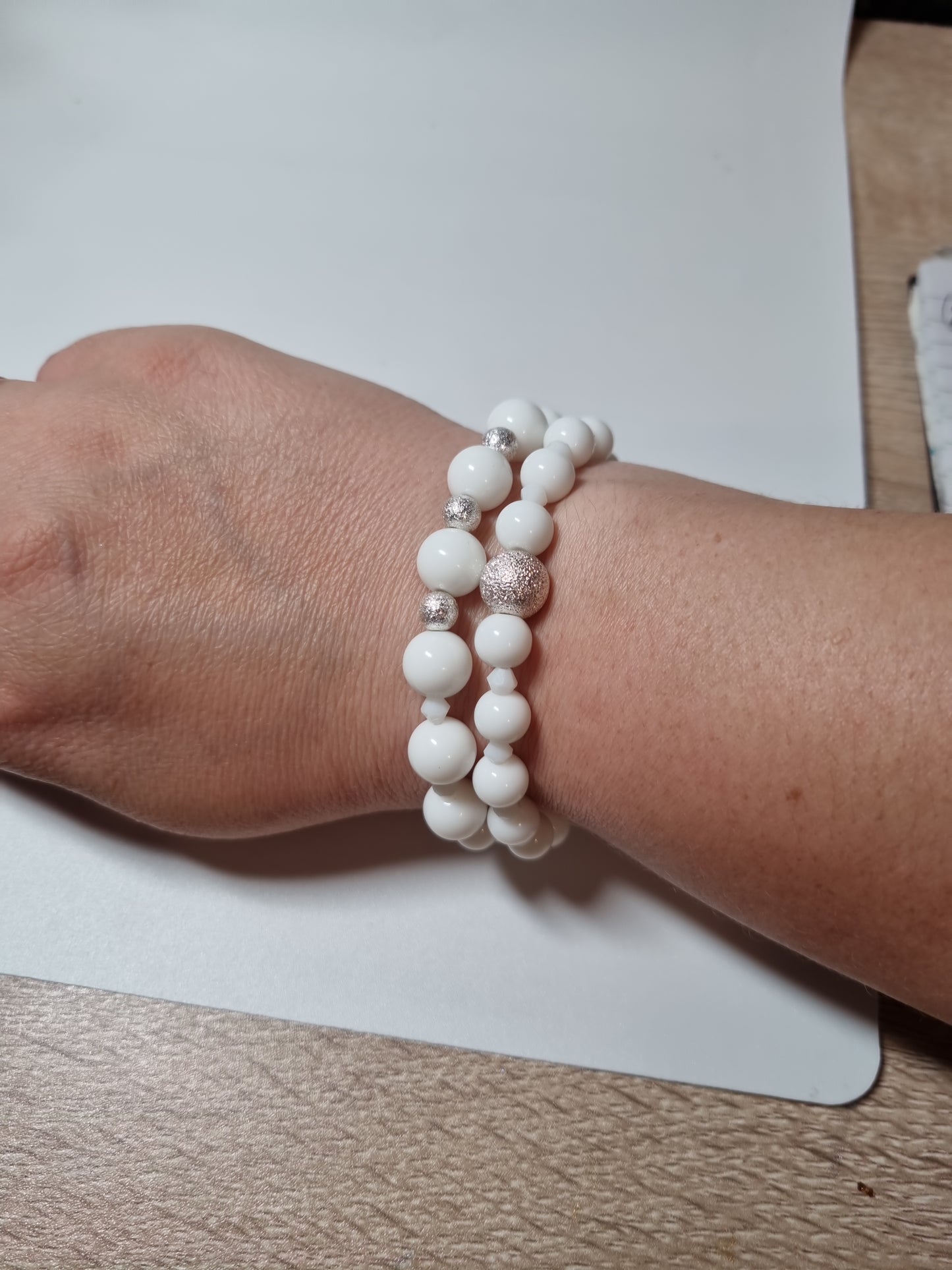 Handmade bracelets from gemstones white  agate beads with silver color pendant Stretchy bracelet