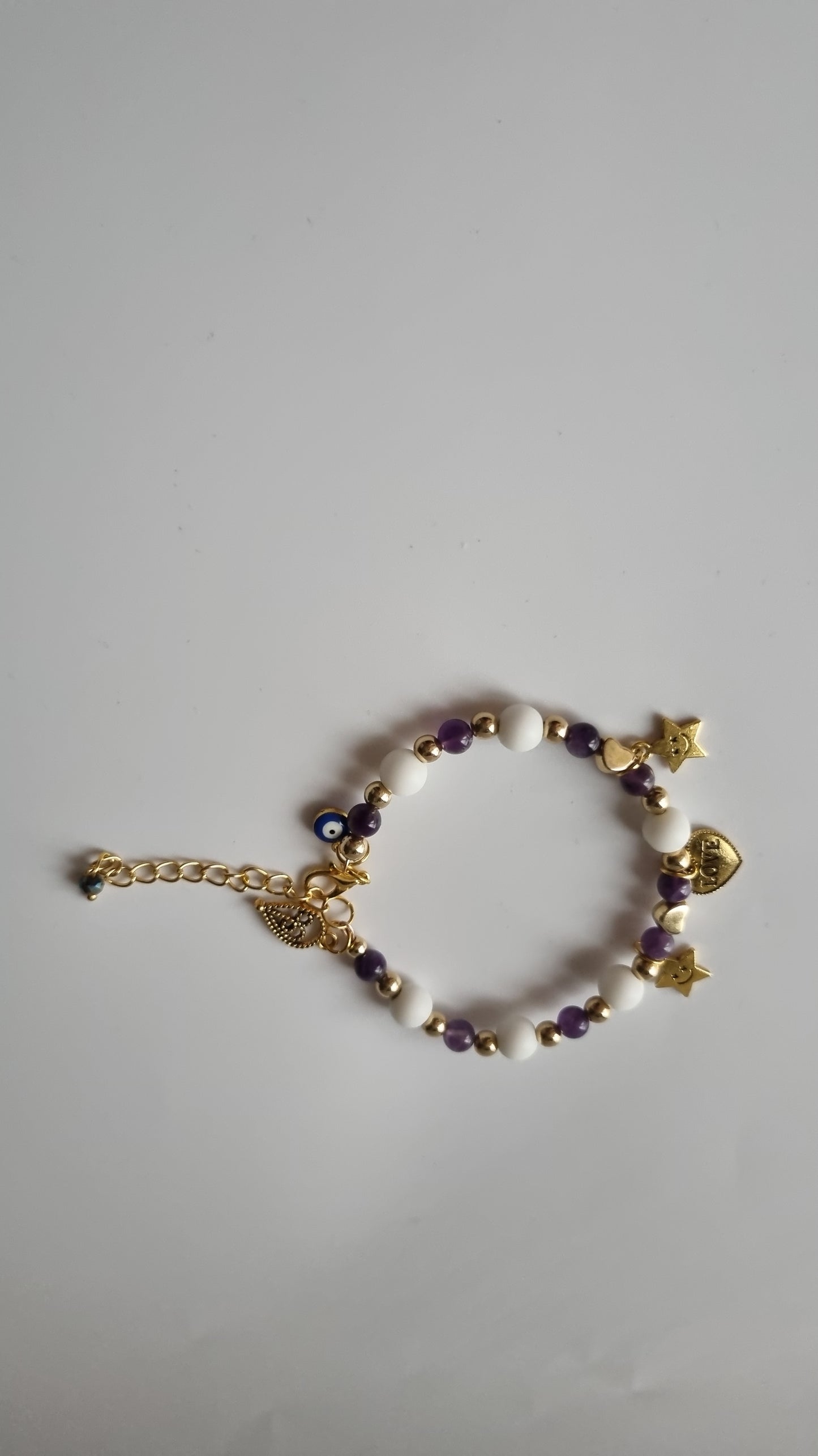 Handmade bracelets from agate stone white and ametist stone gold color beads pendant