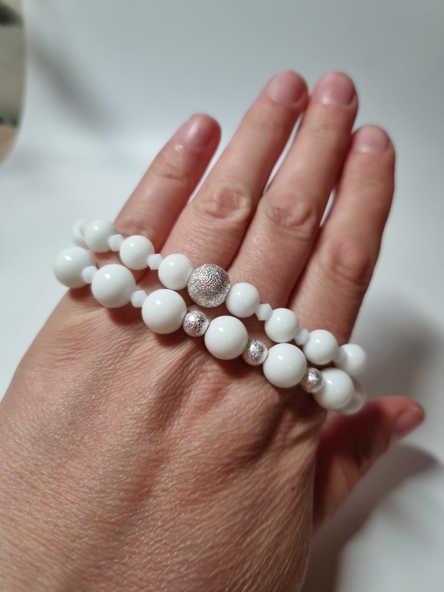 Handmade bracelets from gemstones white  agate beads with silver color pendant Stretchy bracelet