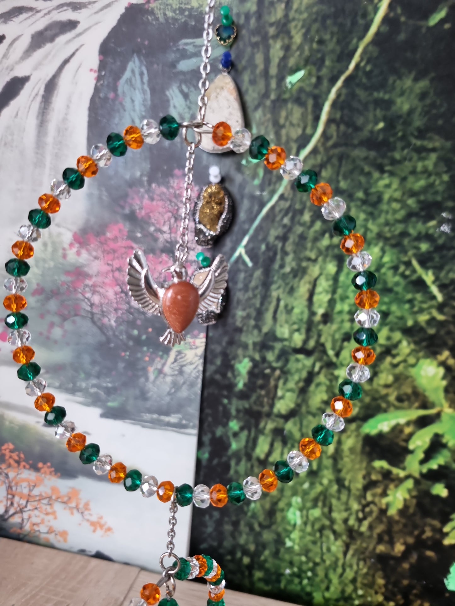 Handmade sun catcher glass beads and with pendant natural Stone goldstone