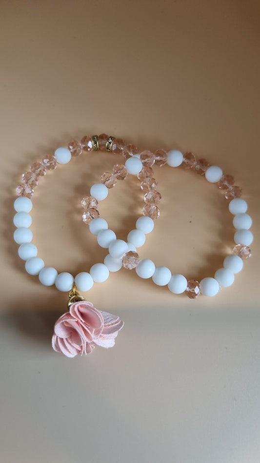 Handmade natural Stone agate beads white and pink glass crystal stretchy bracelet