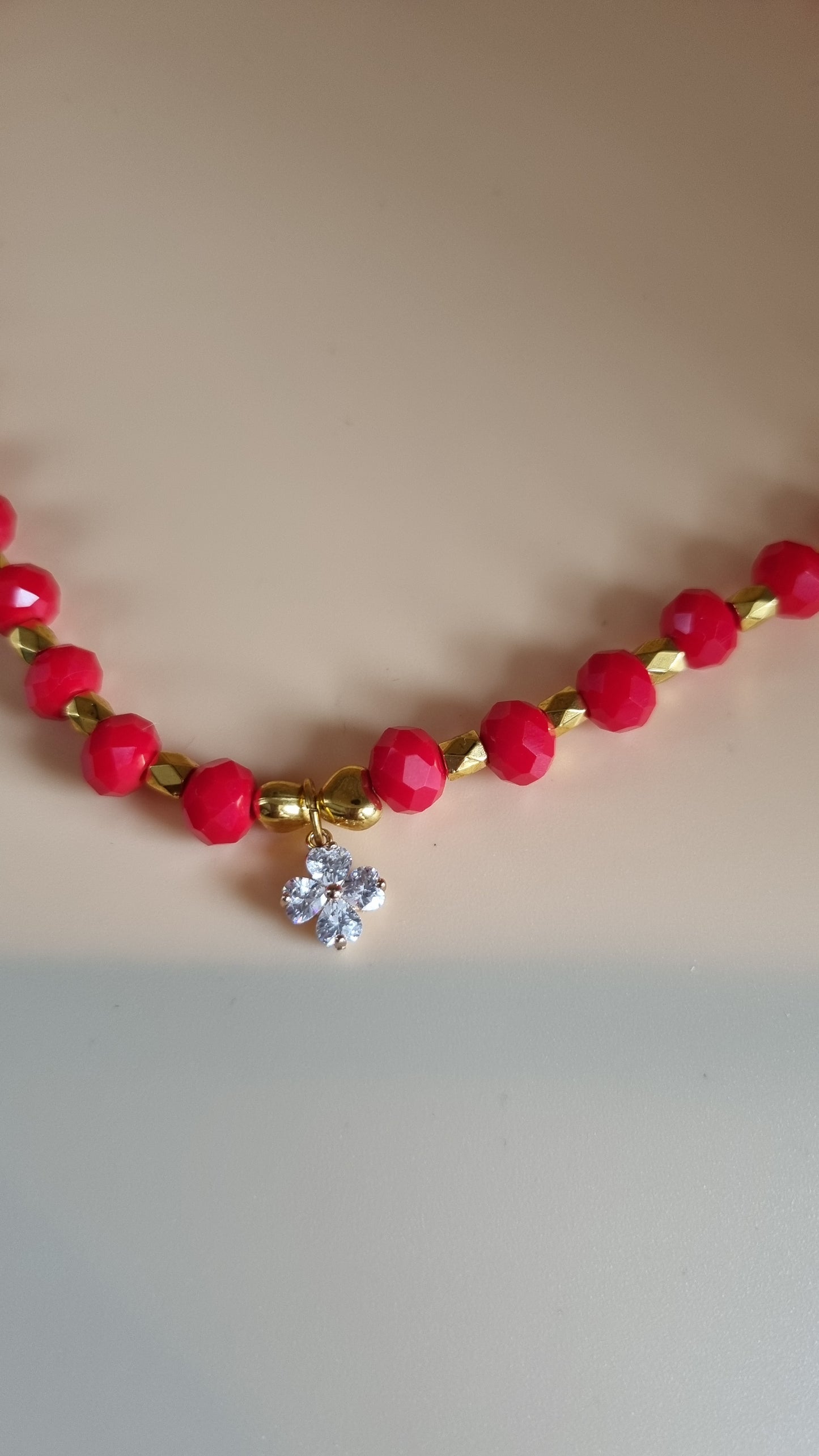 Handmade necklace with glass crystal beads faceted beautiful color redand gold insert