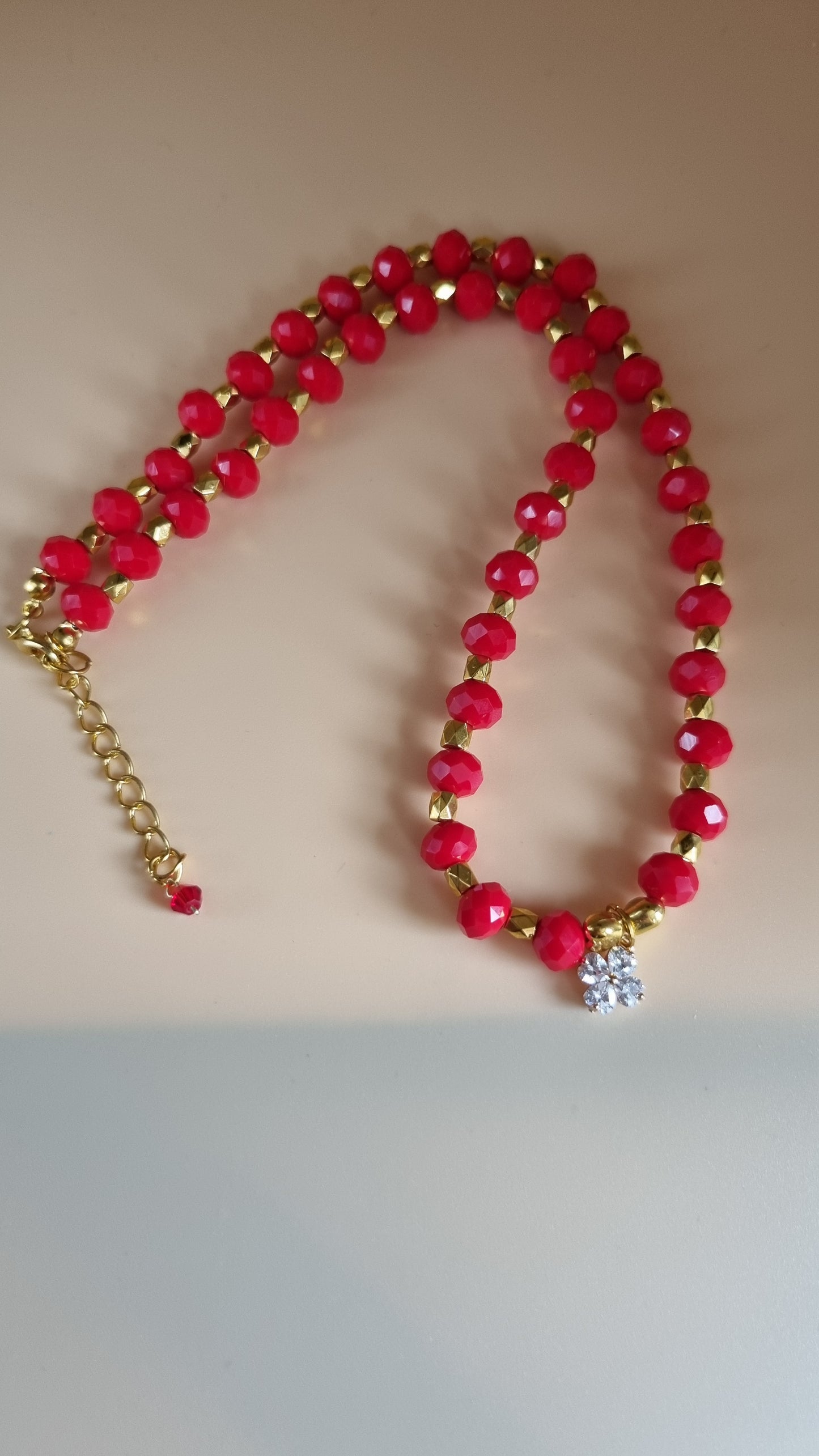 Handmade necklace with glass crystal beads faceted beautiful color redand gold insert