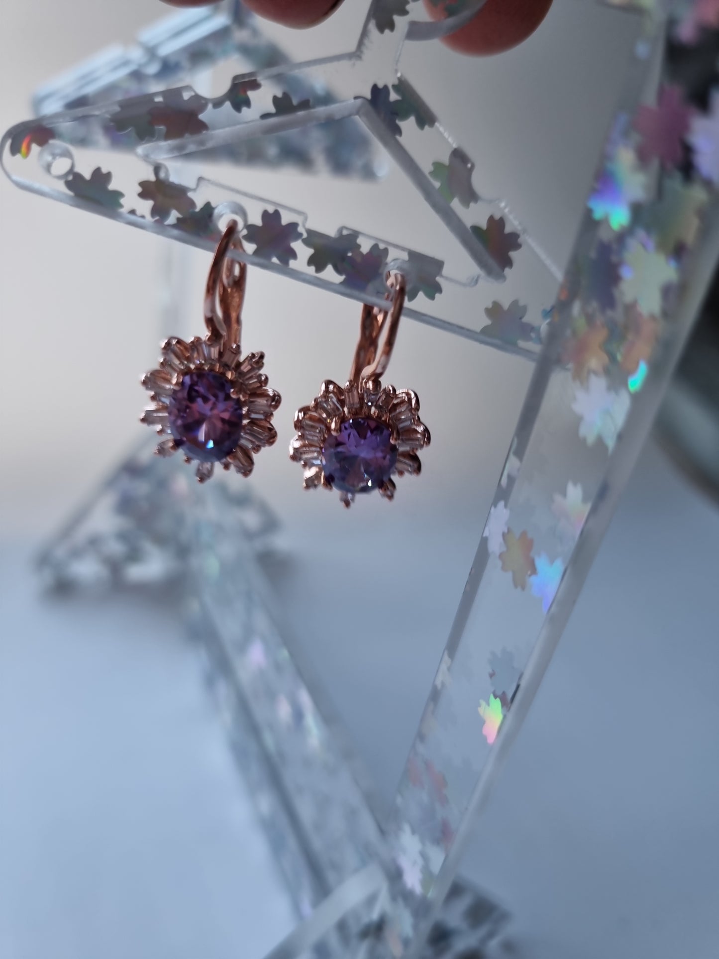 Rose gold plated earrings with zircon stone and natural crystal hypoallergenic waterproof