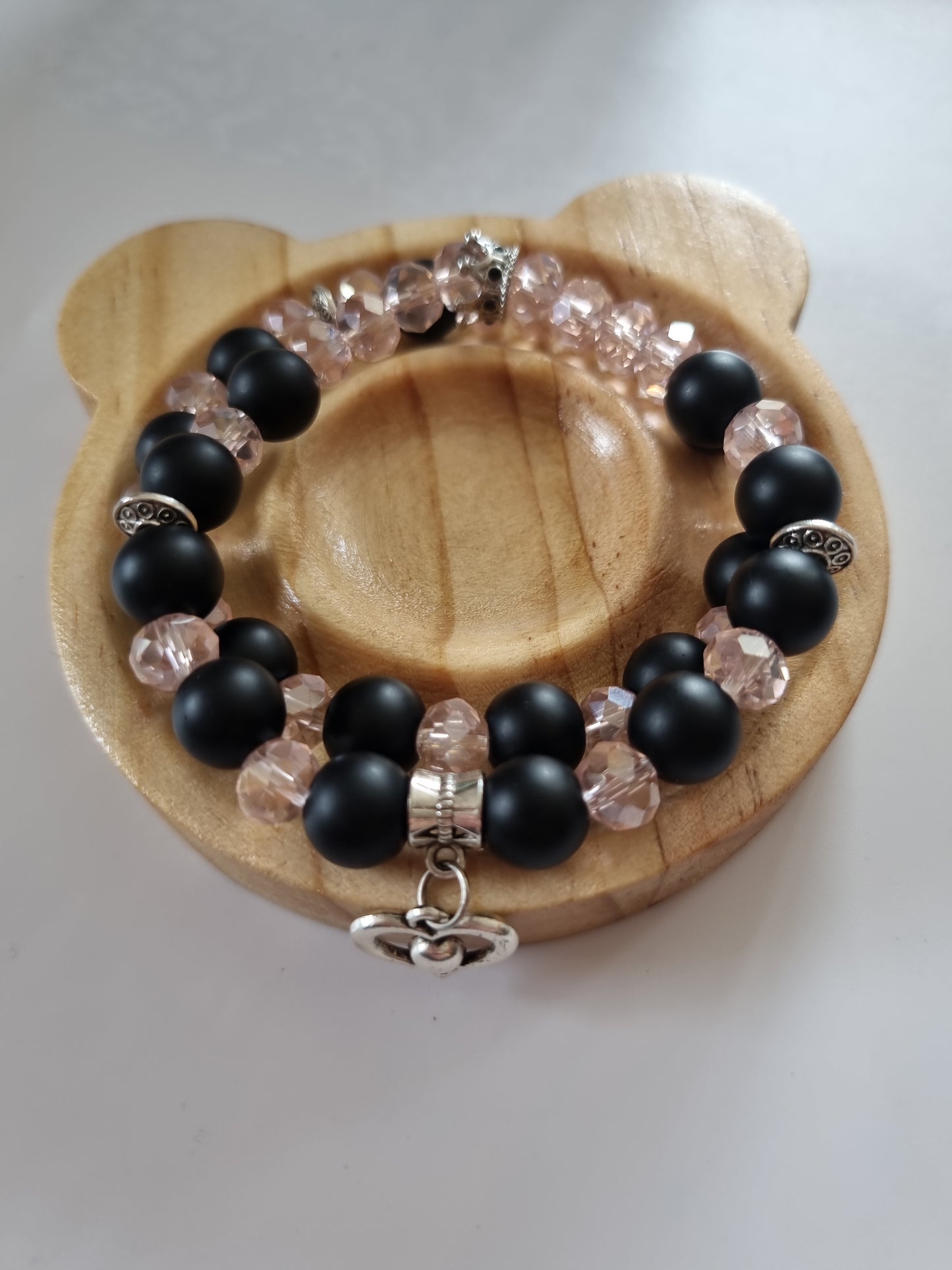 Handmade stretchy bracelet pair with gemstone onyx and glass crystal