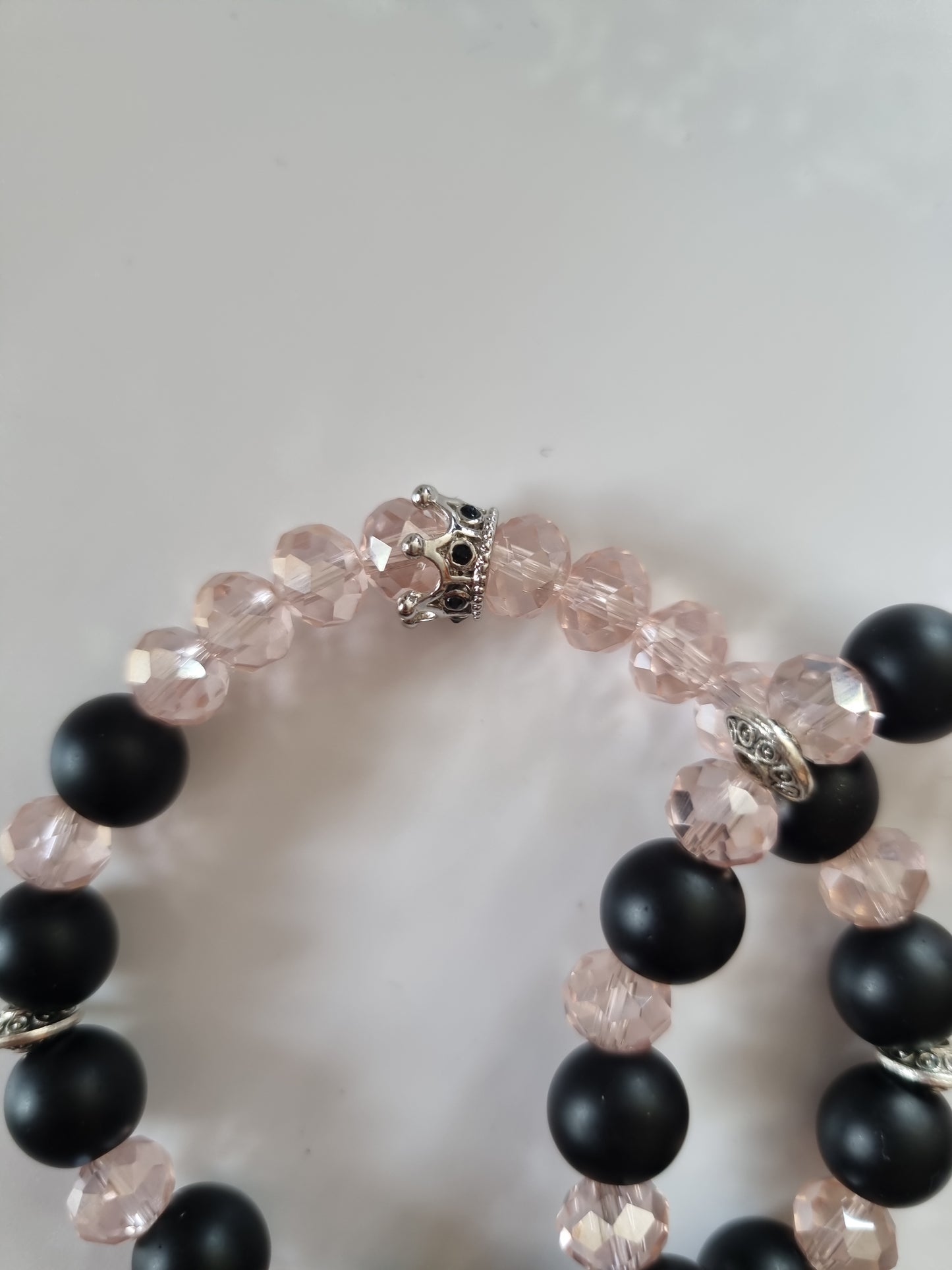 Handmade stretchy bracelet pair with gemstone onyx and glass crystal