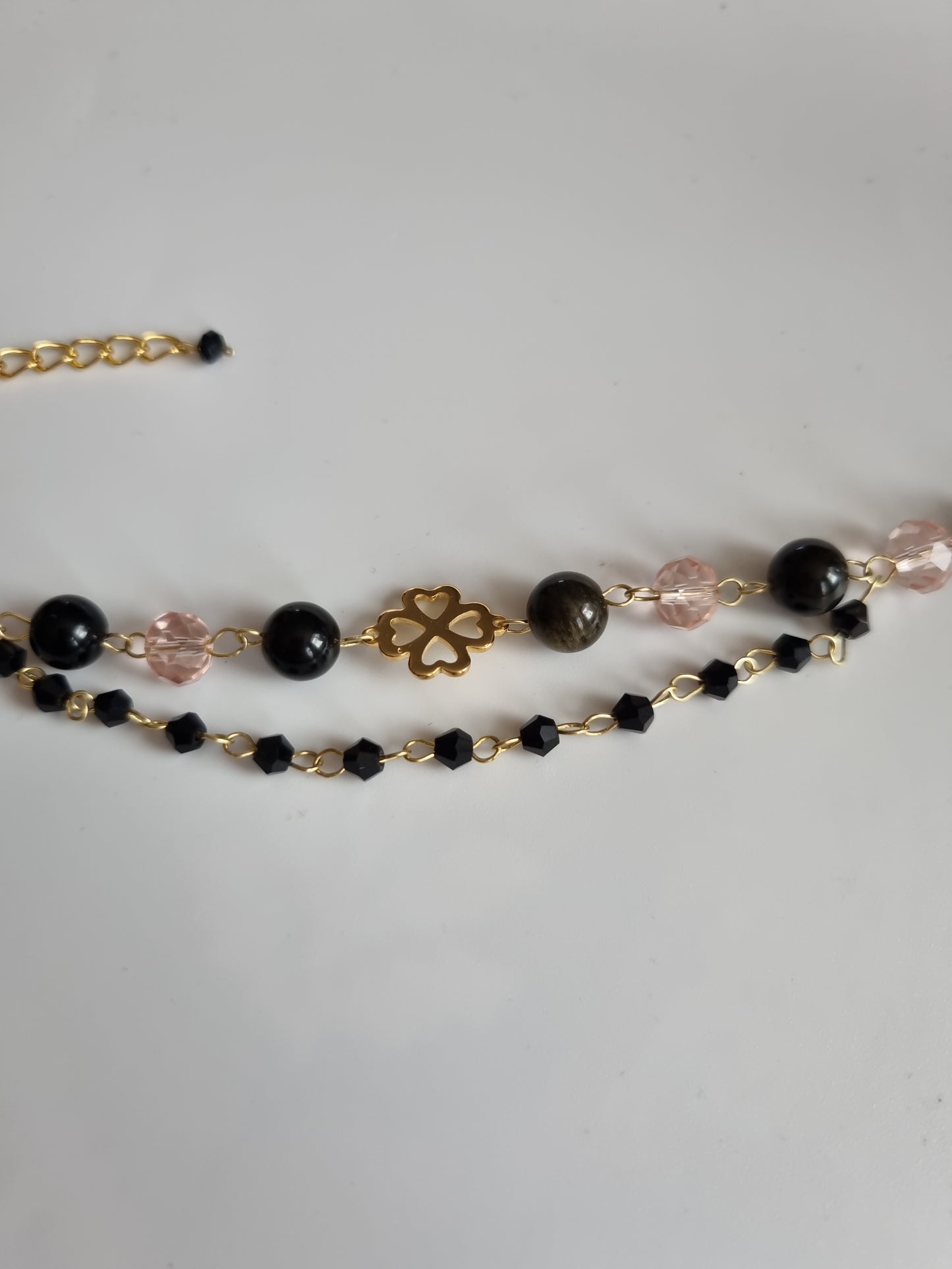 Handmade bracelets from  natural Stone obsidian and glass beads 18kr.gold color