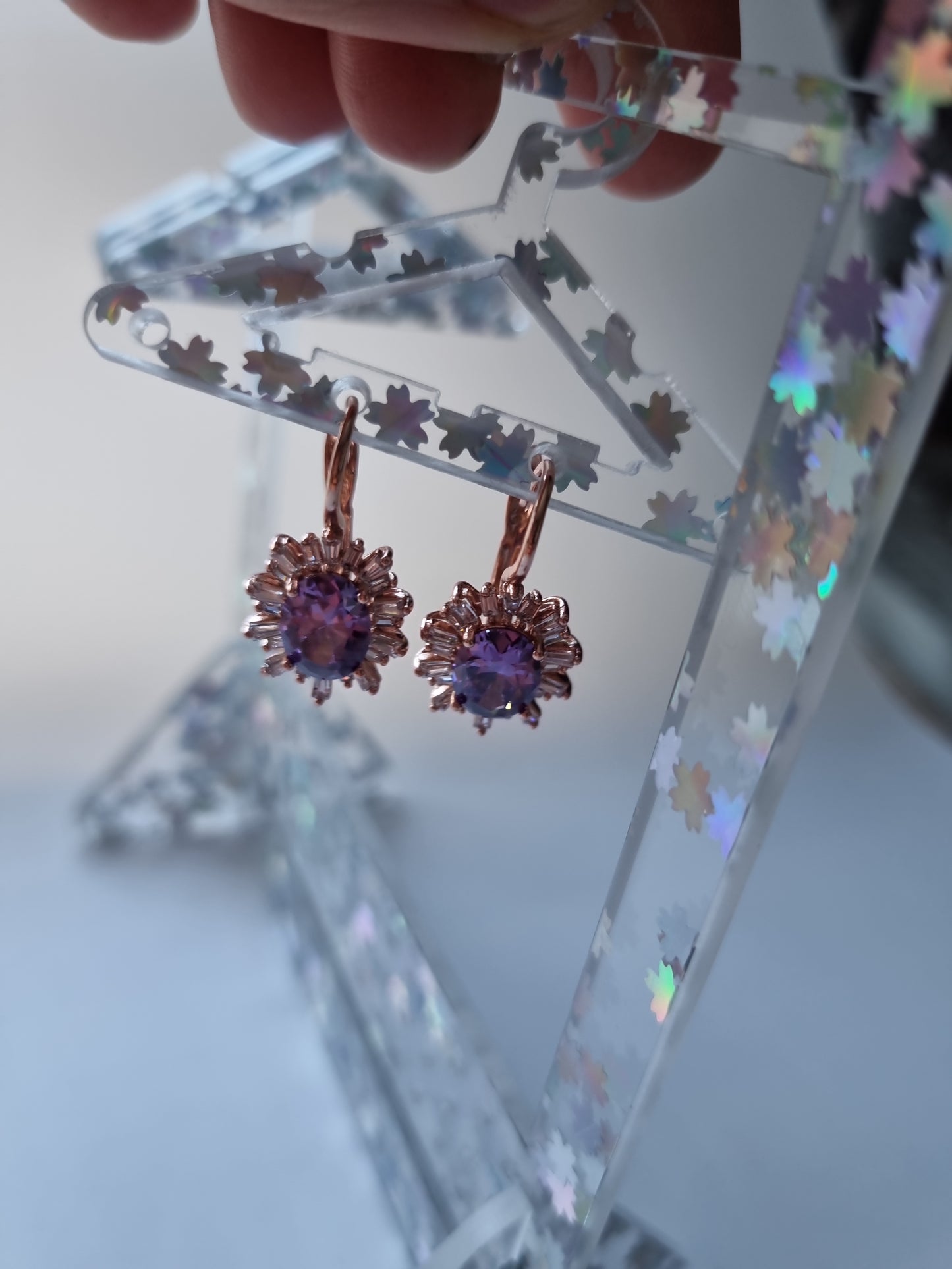 Rose gold plated earrings with zircon stone and natural crystal hypoallergenic waterproof