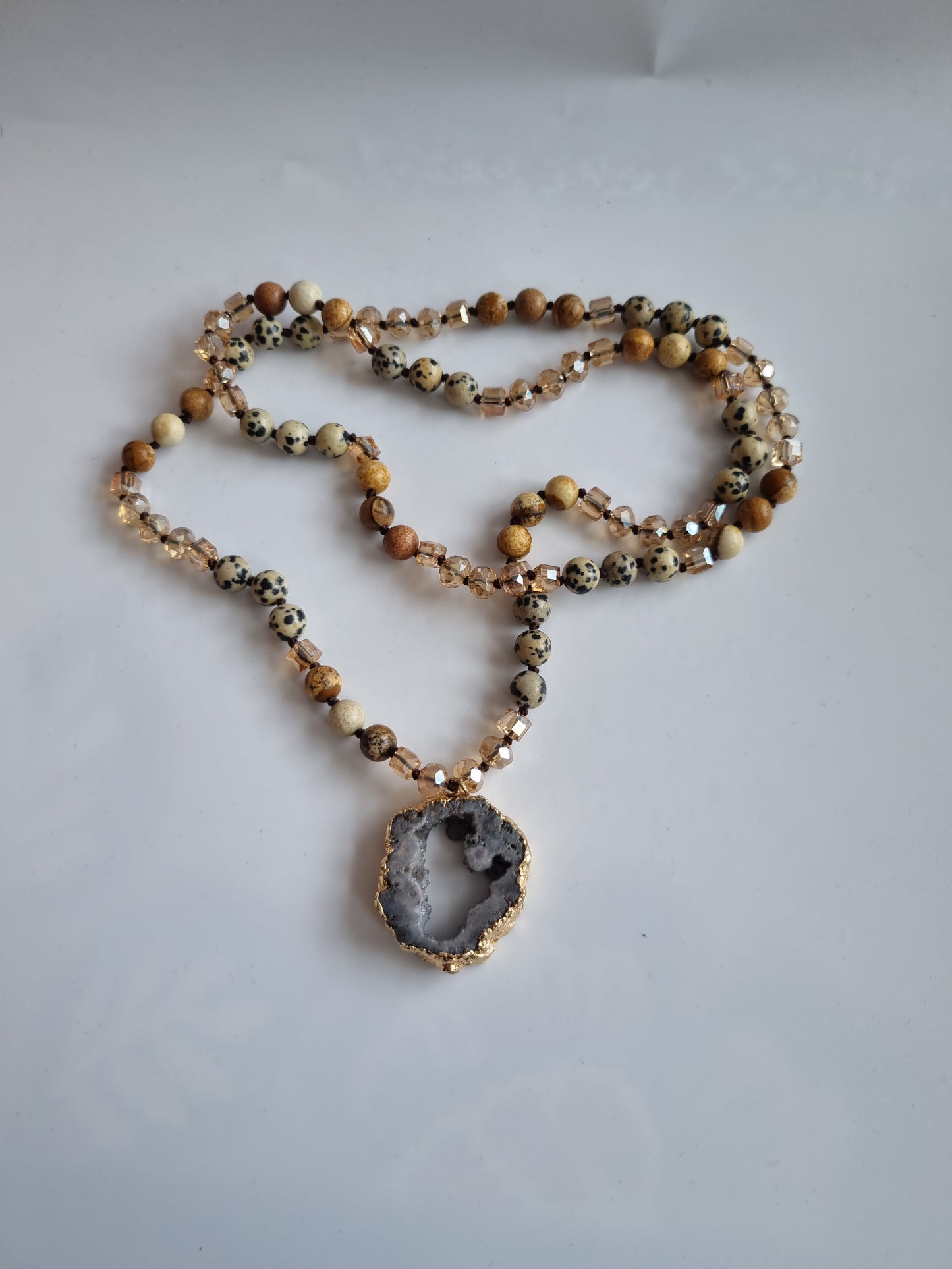 Handmade natural Stone necklace jasper stone with glass beads ,druzy crystal pendant