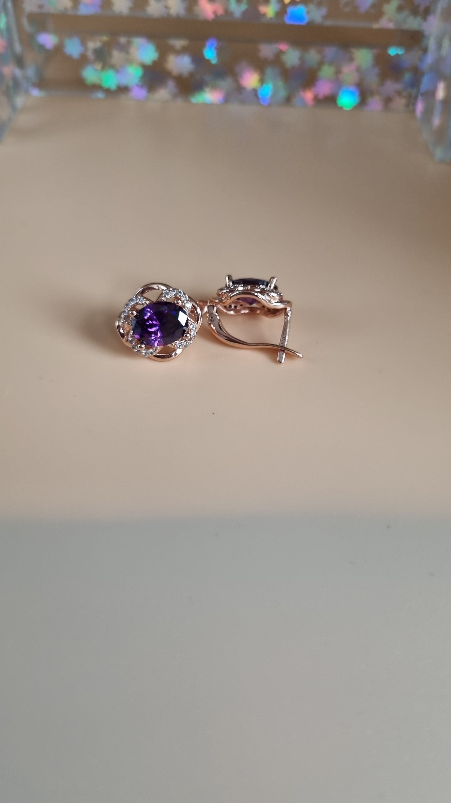 Rose gold plated earrings with zircon stone violet hypoallergenic waterproof