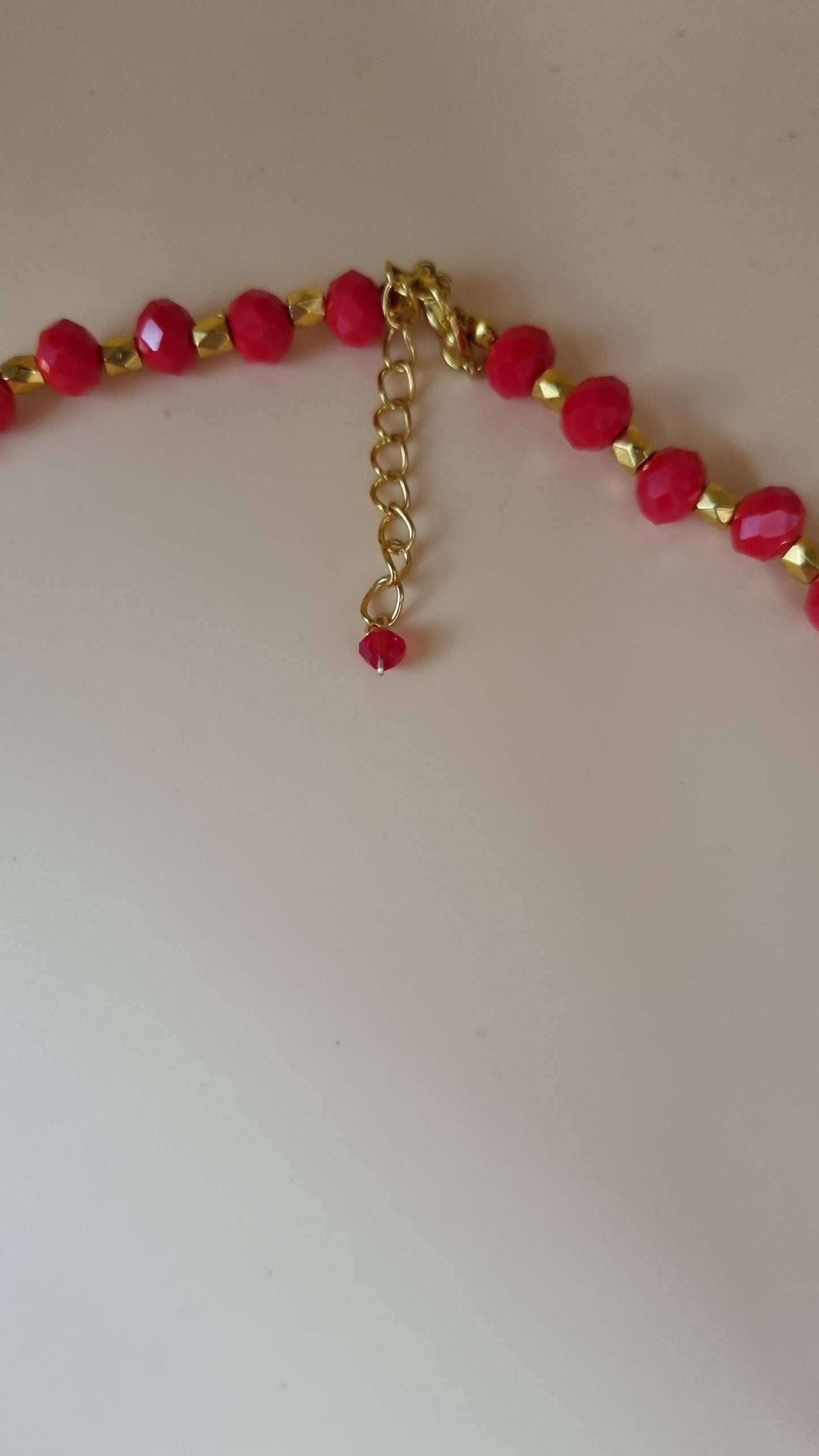 Handmade necklace with glass crystal beads faceted beautiful color redand gold insert