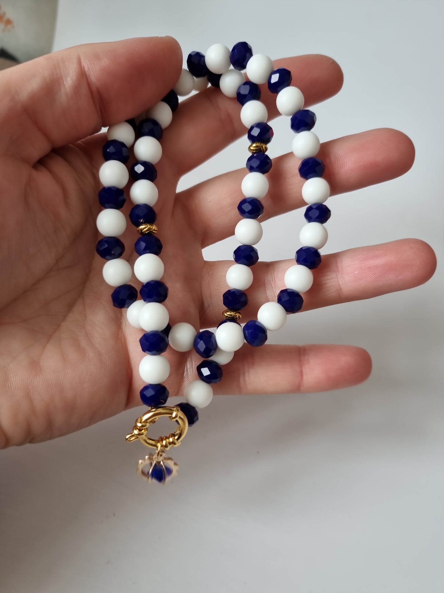 Set Handmade made with love necklace with pair bracelets agate white and blue glass beads faceted crystal