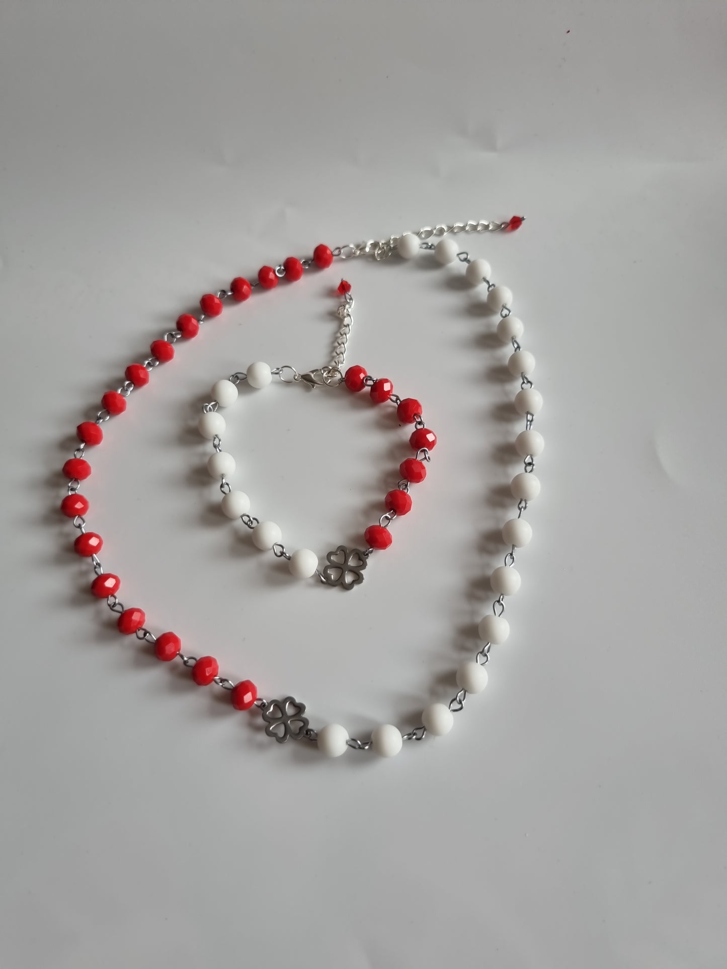 Handmade set natural Stone agate beads and glass beads faceted red silver color