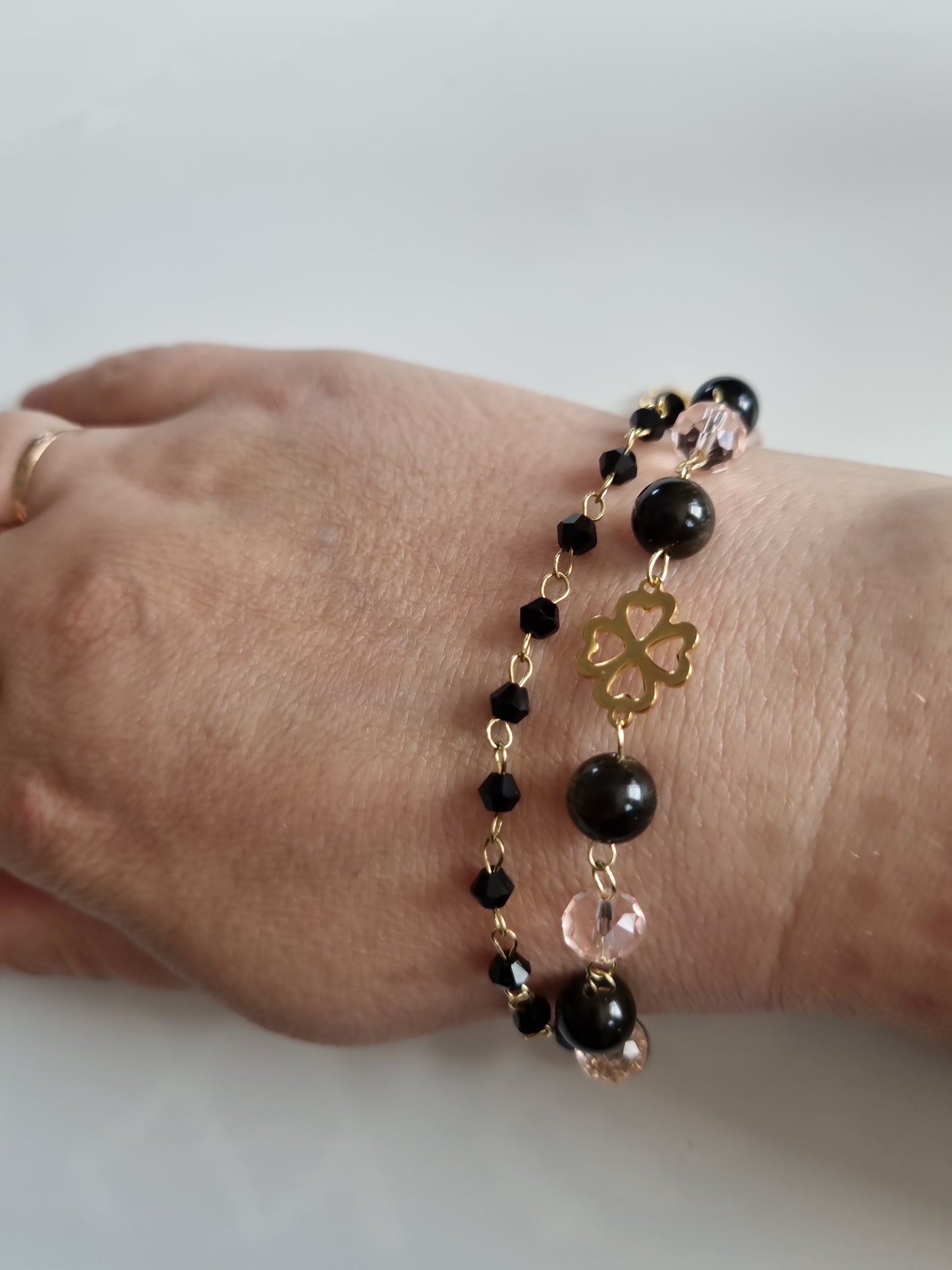 Handmade bracelets from  natural Stone obsidian and glass beads 18kr.gold color