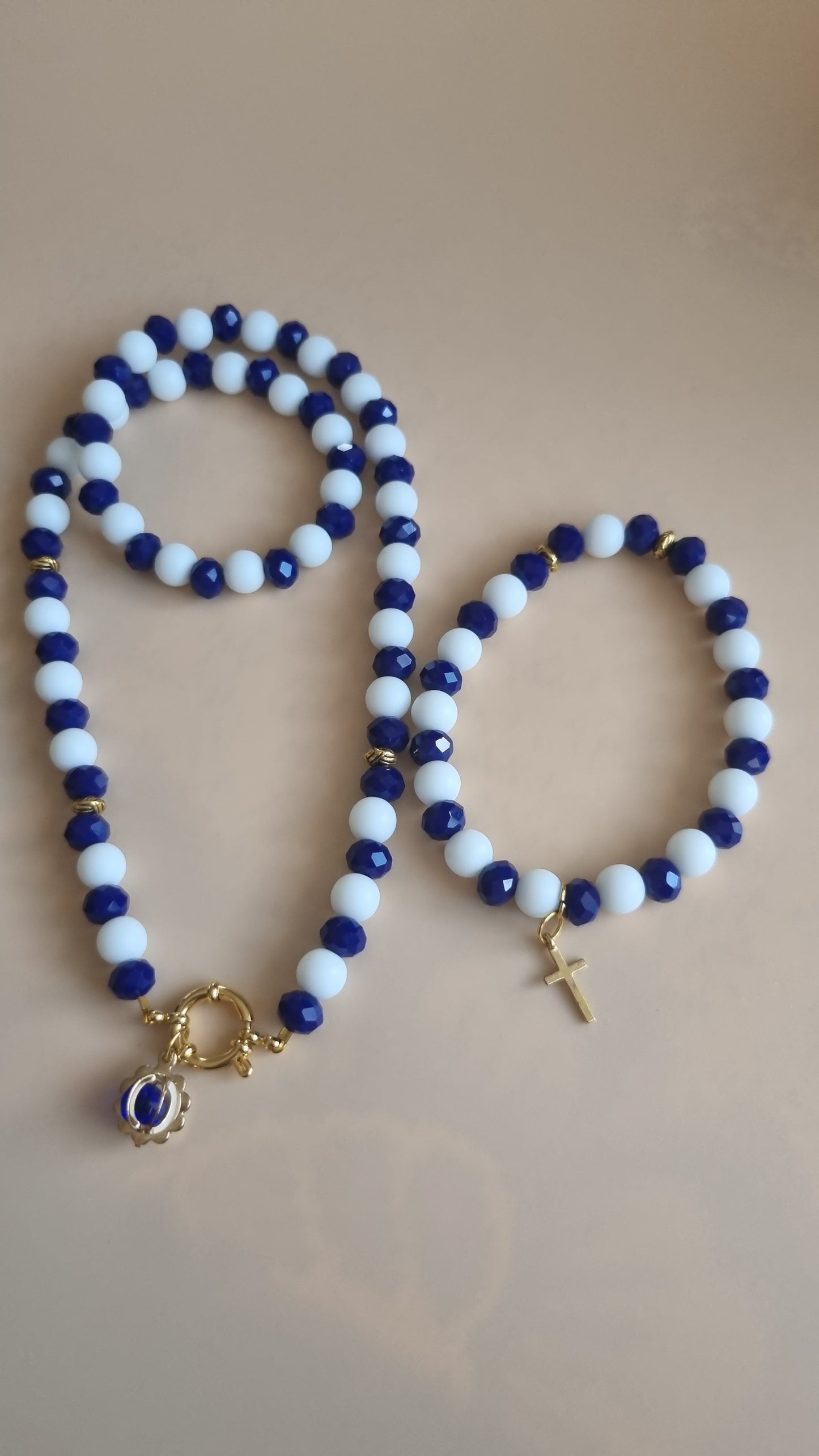 Set Handmade made with love necklace with pair bracelets agate white and blue glass beads faceted crystal