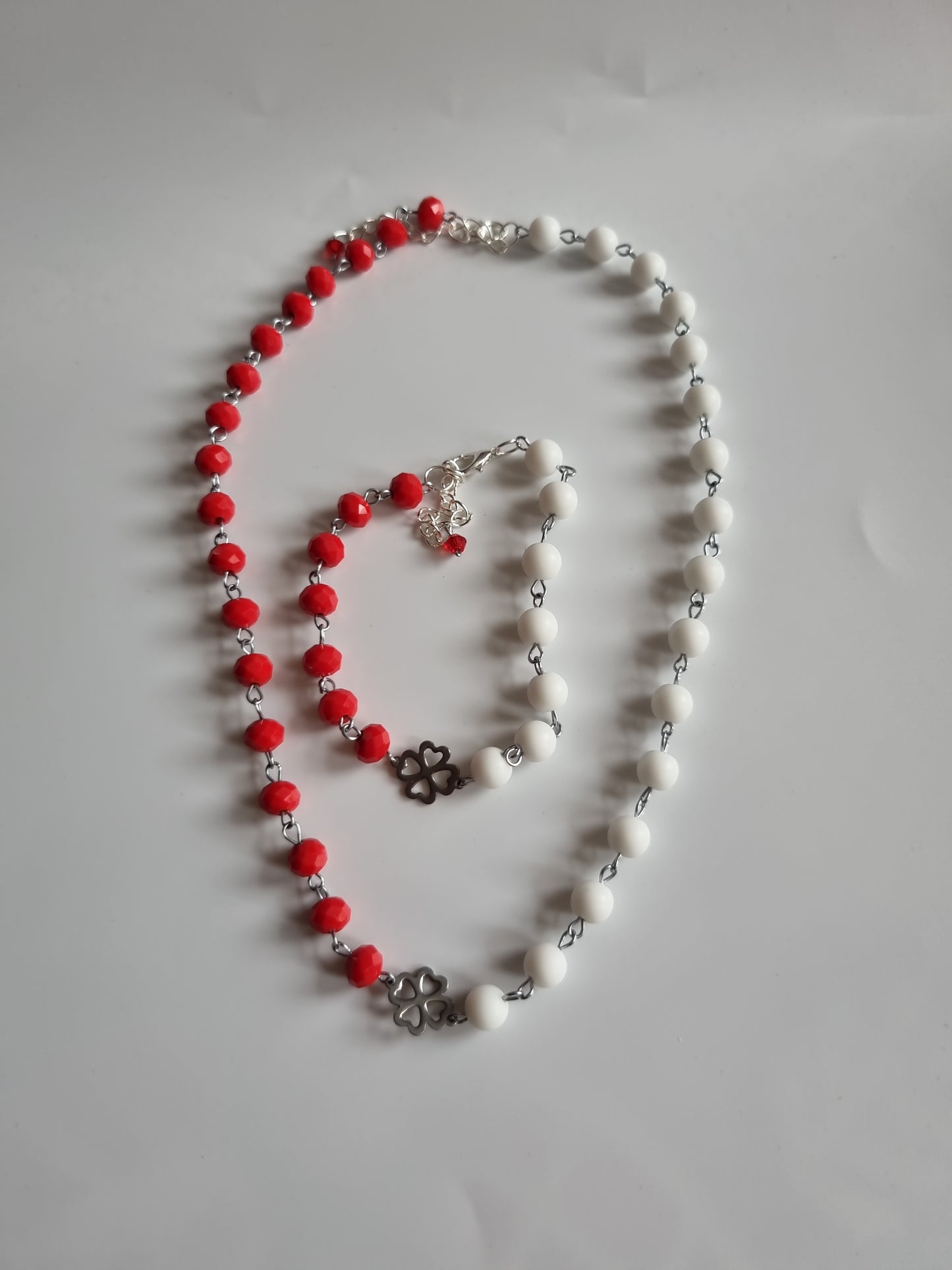 Handmade set natural Stone agate beads and glass beads faceted red silver color