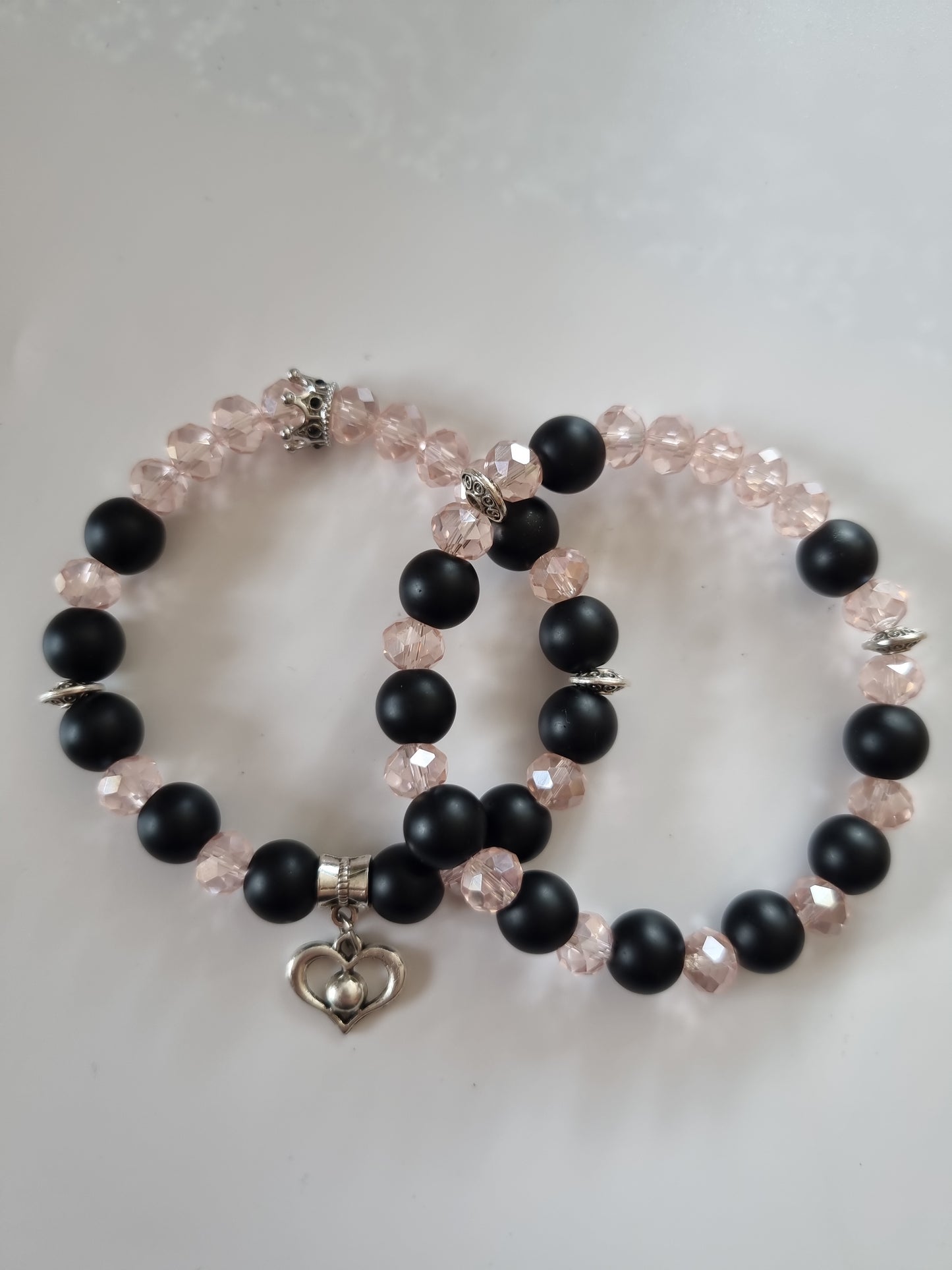 Handmade stretchy bracelet pair with gemstone onyx and glass crystal