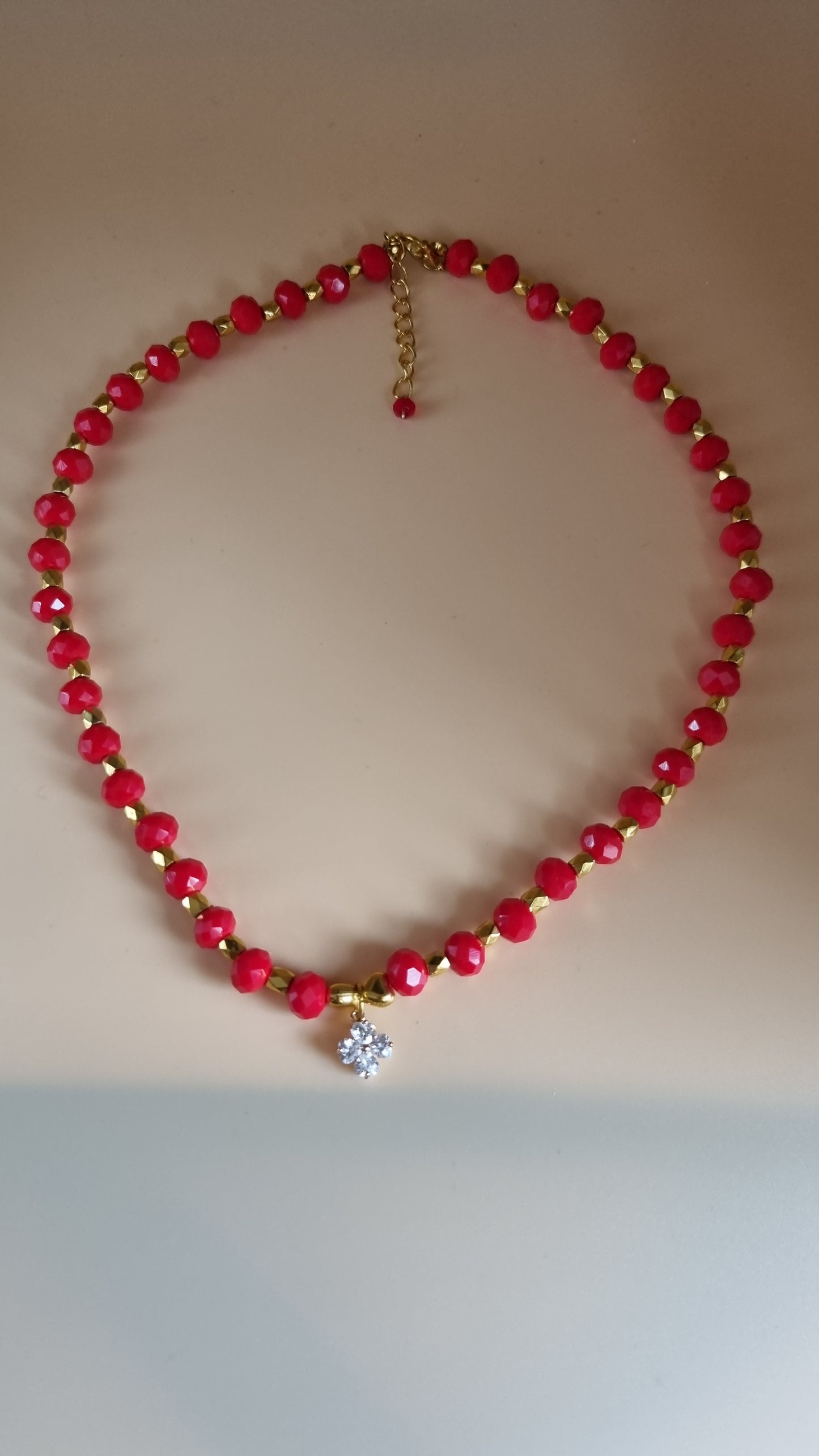 Handmade necklace with glass crystal beads faceted beautiful color redand gold insert