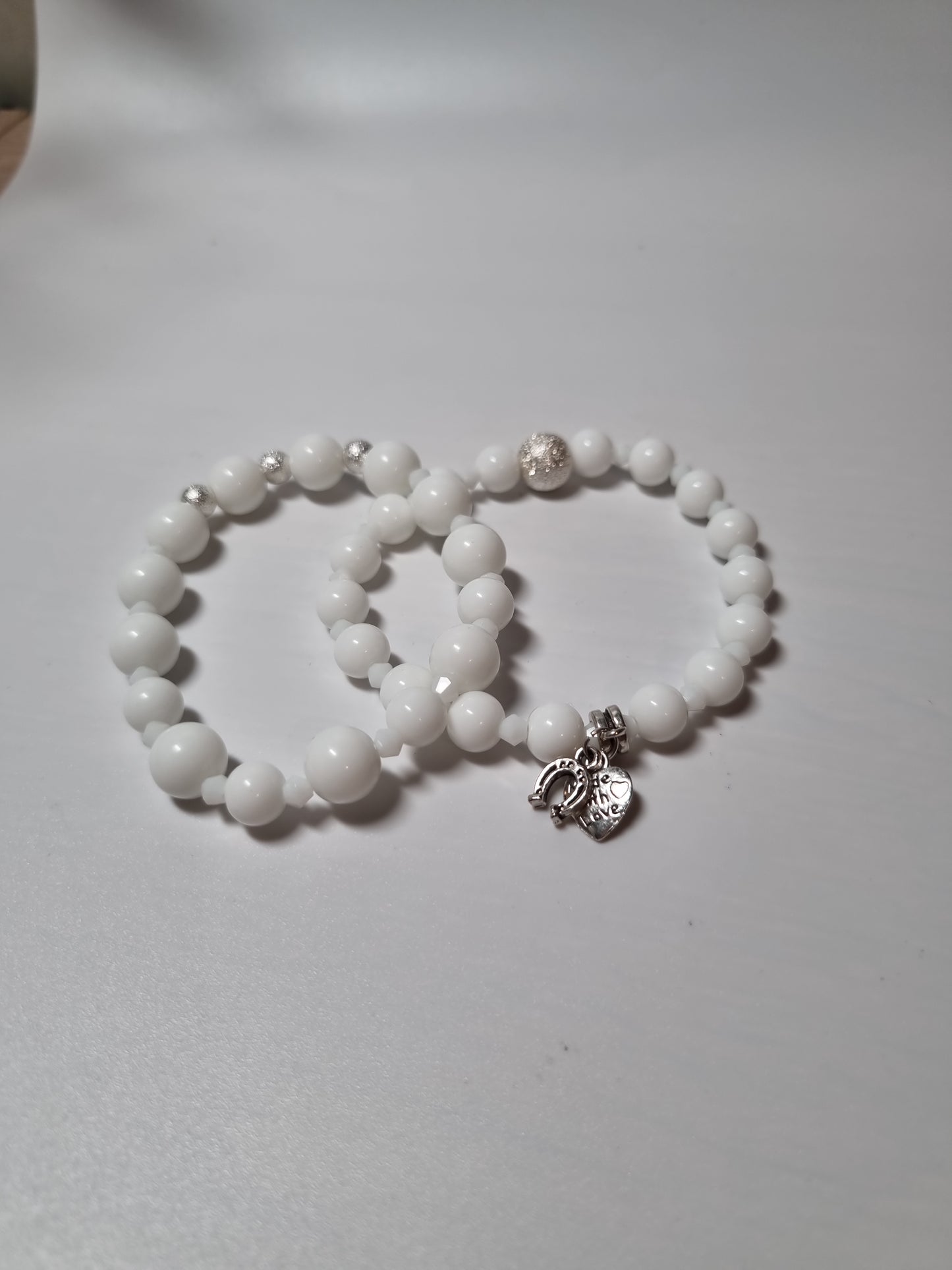 Handmade bracelets from gemstones white  agate beads with silver color pendant Stretchy bracelet