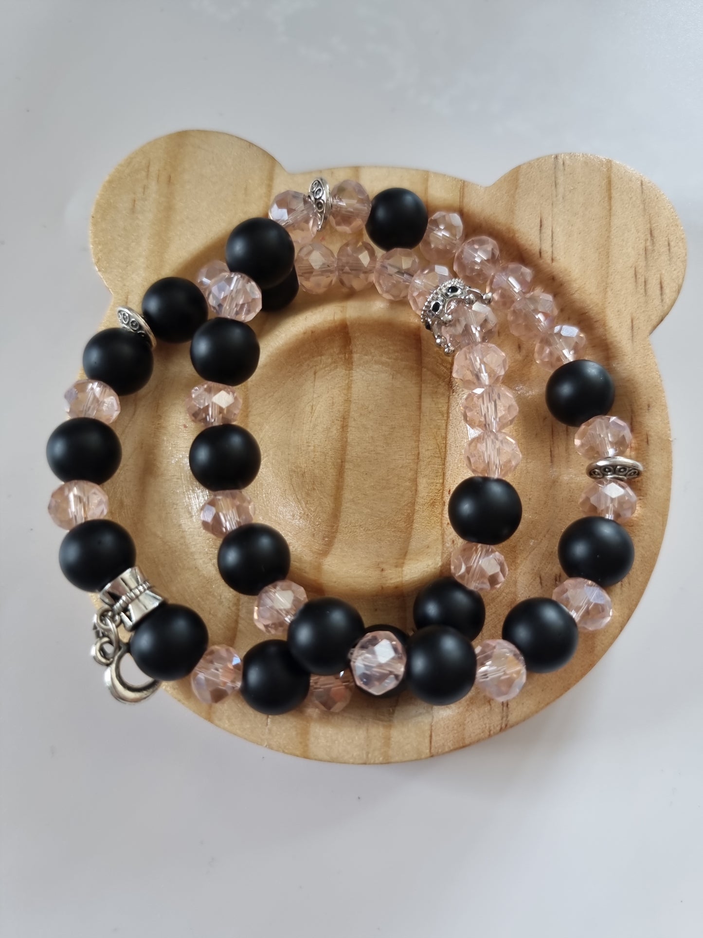 Handmade stretchy bracelet pair with gemstone onyx and glass crystal