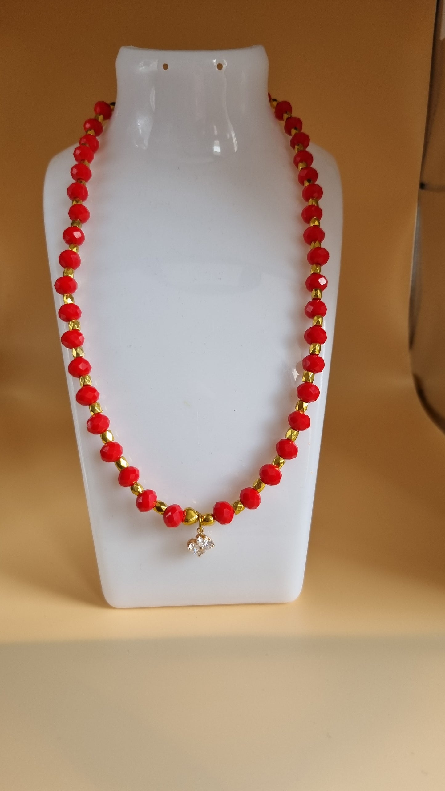 Handmade necklace with glass crystal beads faceted beautiful color redand gold insert