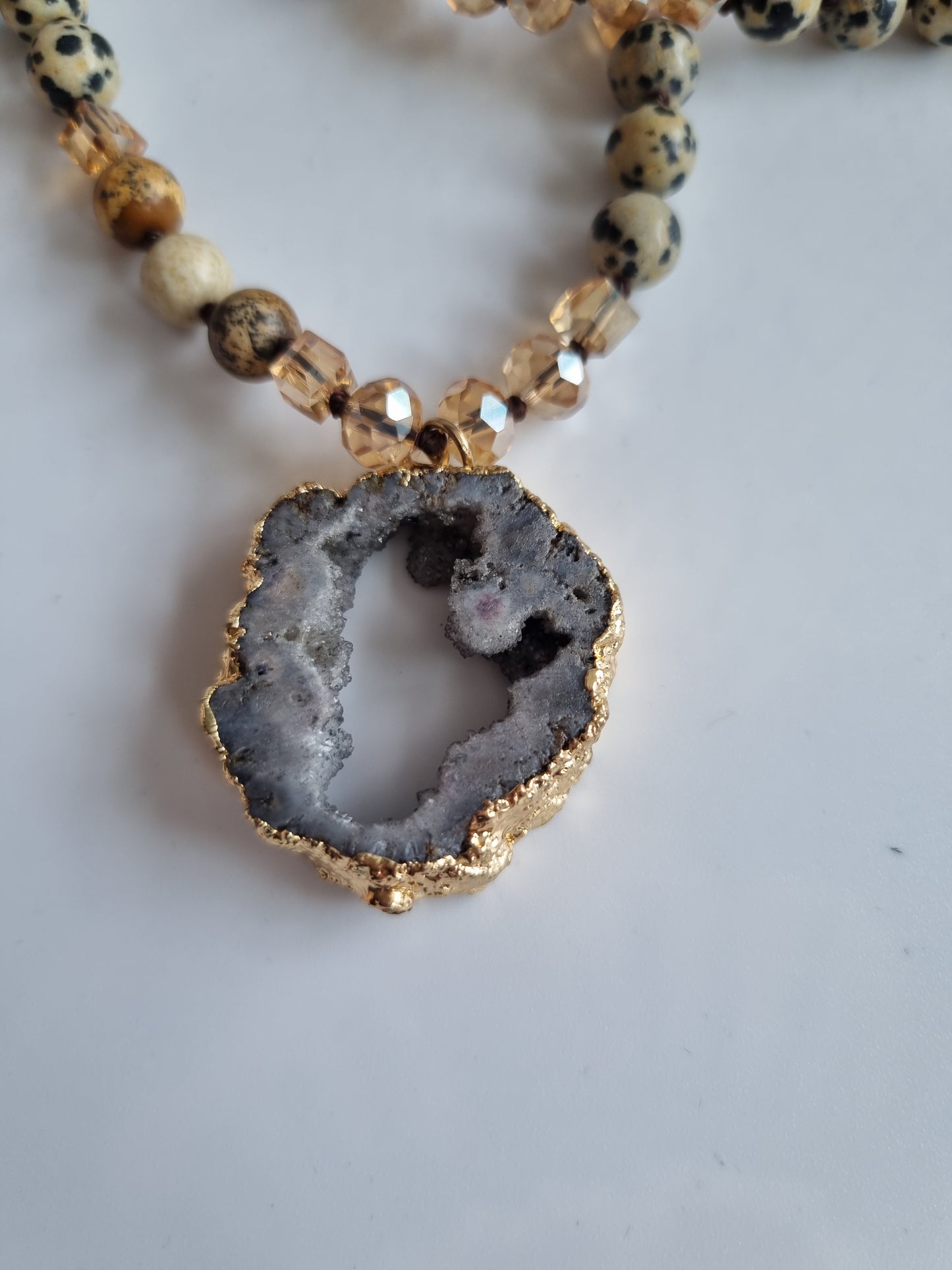 Handmade natural Stone necklace jasper stone with glass beads ,druzy crystal pendant