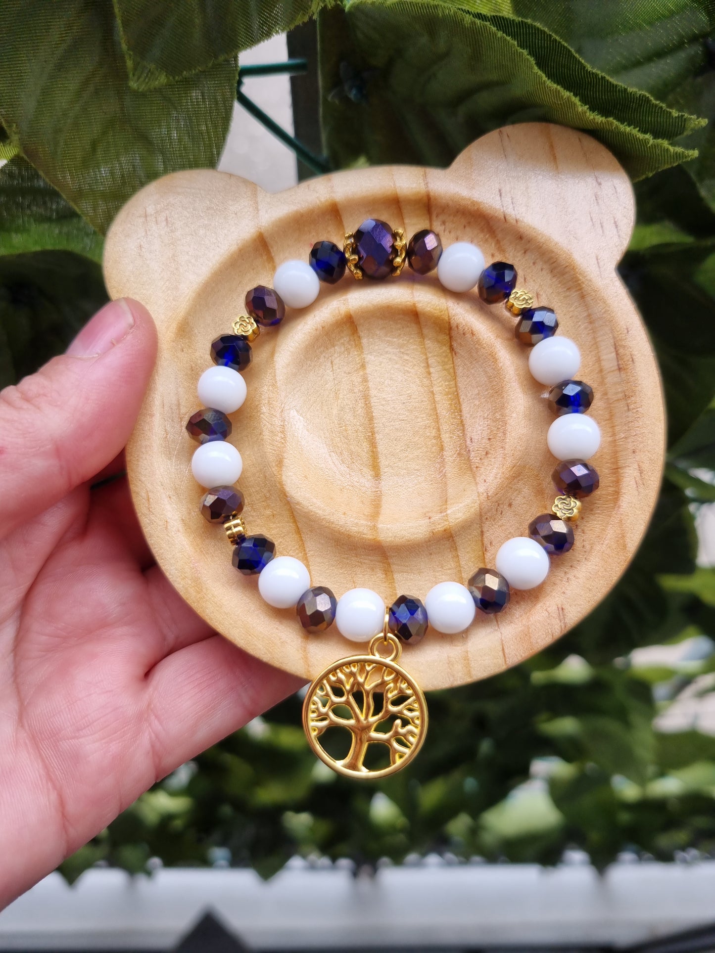 Handmade bracelets from gemstones agate beads and glass beads with life tree pendant