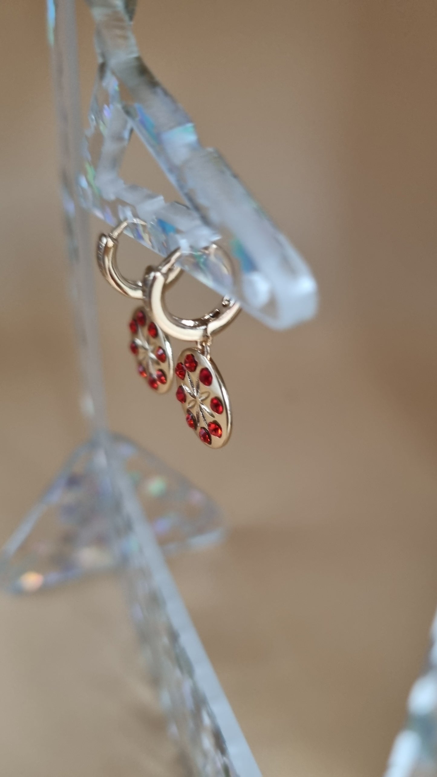 18kr.gold plated earrings with sw.crystal red color waterproof hypoallergenic