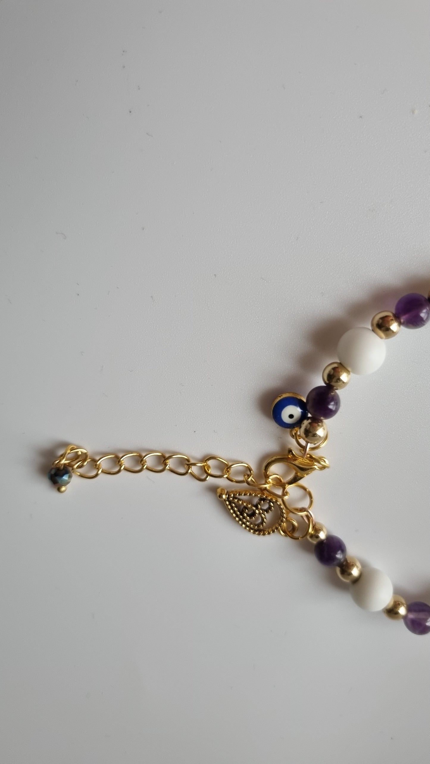 Handmade bracelets from agate stone white and ametist stone gold color beads pendant