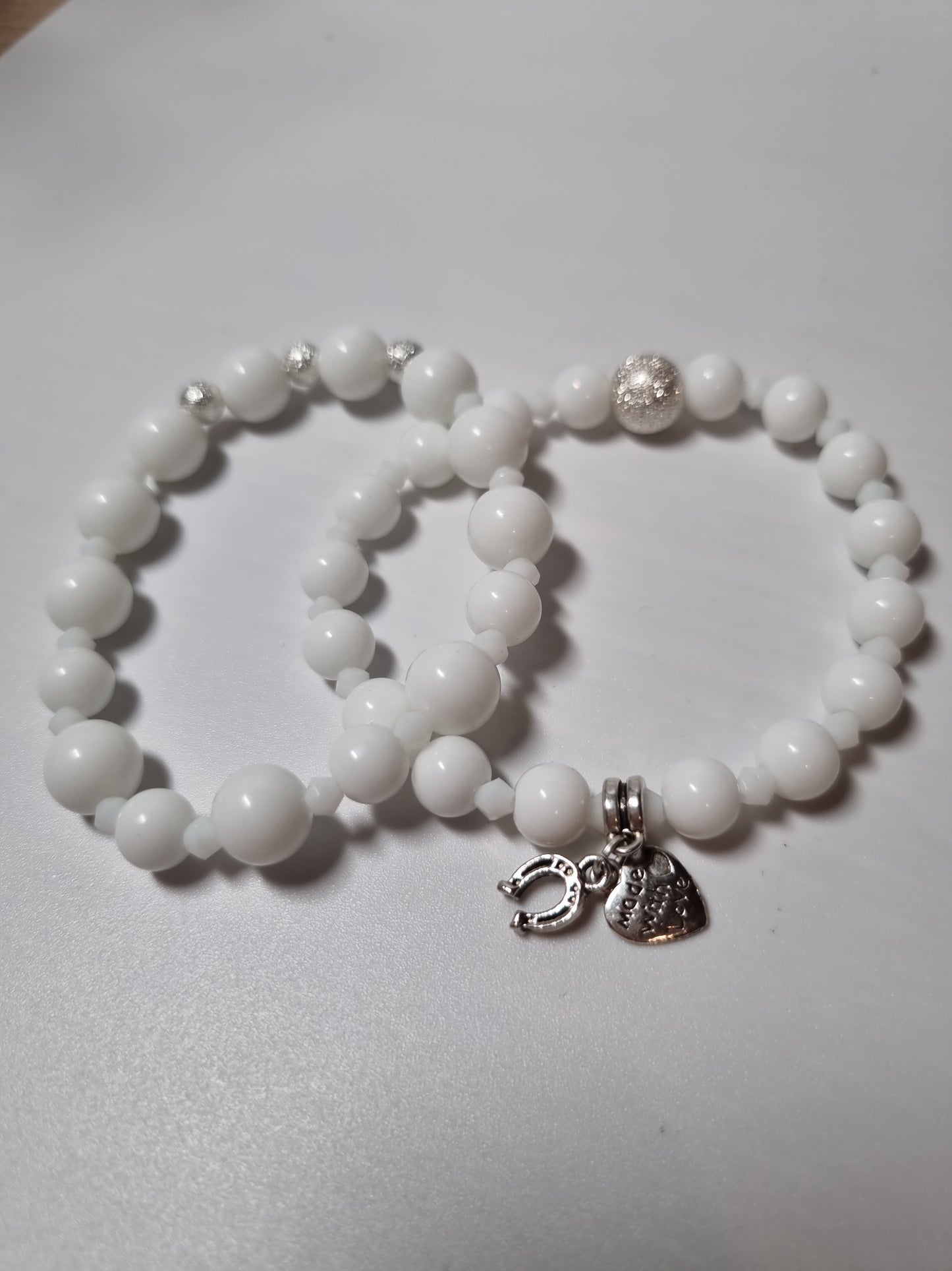 Handmade bracelets from gemstones white  agate beads with silver color pendant Stretchy bracelet