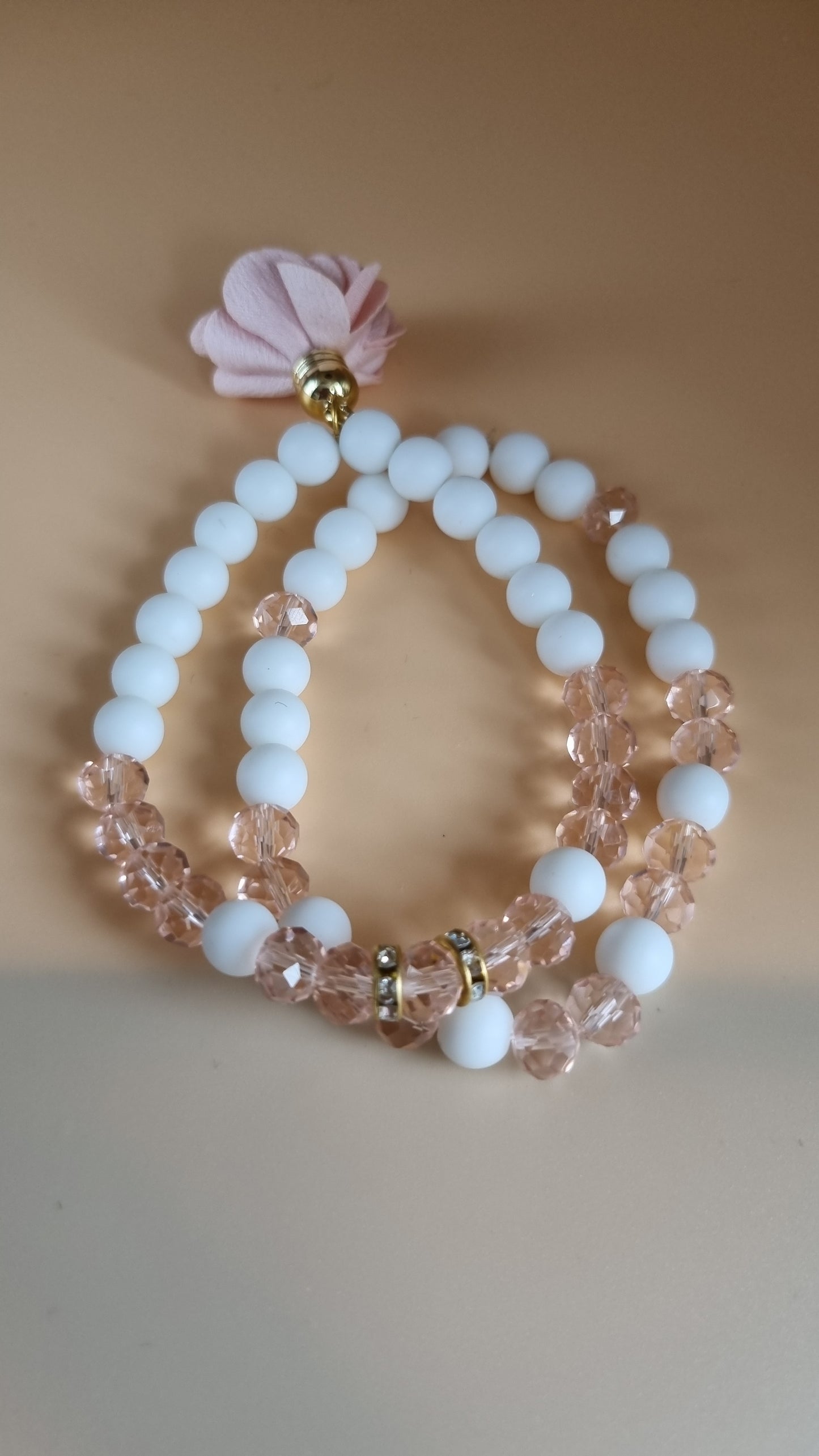 Handmade natural Stone agate beads white and pink glass crystal stretchy bracelet