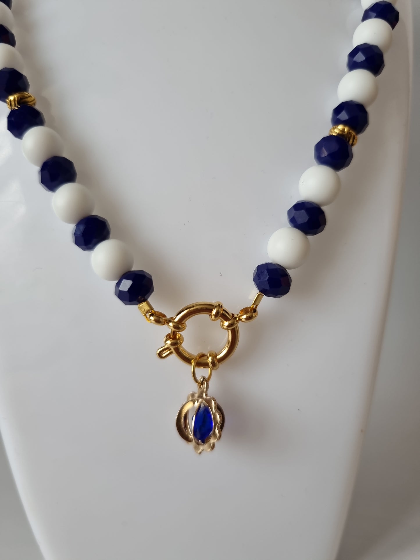 Set Handmade made with love necklace with pair bracelets agate white and blue glass beads faceted crystal